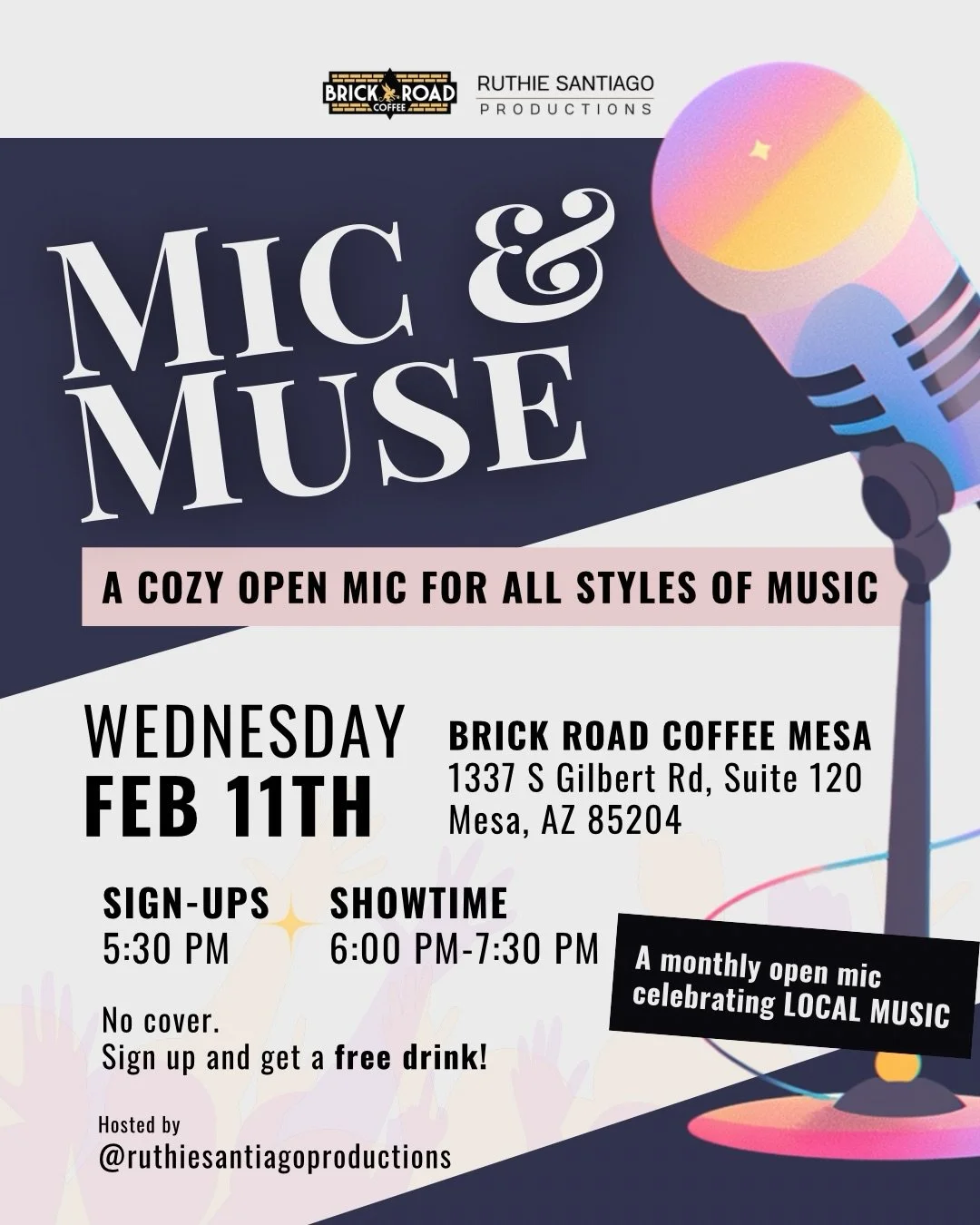 MIC &amp; MUSE is happening on the 2nd Wednesday this month - February 11th - at @brickroadcommunity. (One-time schedule change. We&rsquo;ll be back to the 3rd Wednesday moving forward.)

Mic &amp; Muse is a cozy, listening-room open mic centered on 
