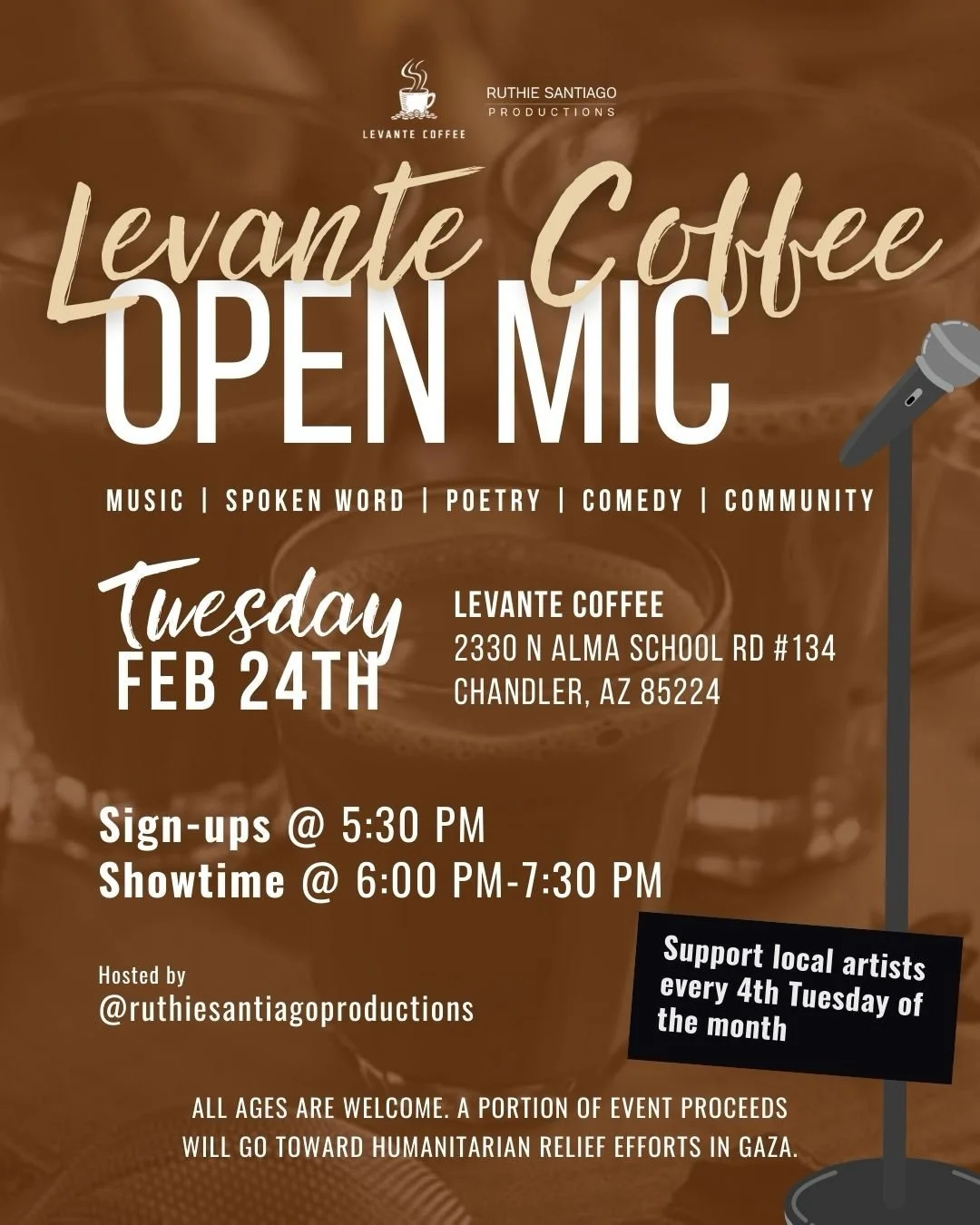 LEVANTE COFFEE OPEN MIC (every 4th Tuesday of the month) is February 24th at @levantecoffeeshop

All art forms welcome - music, poetry, comedy, and more! 

Performers:
- 12 spots available (first come, first served)
- 2-3 songs or 7 minutes each
- We