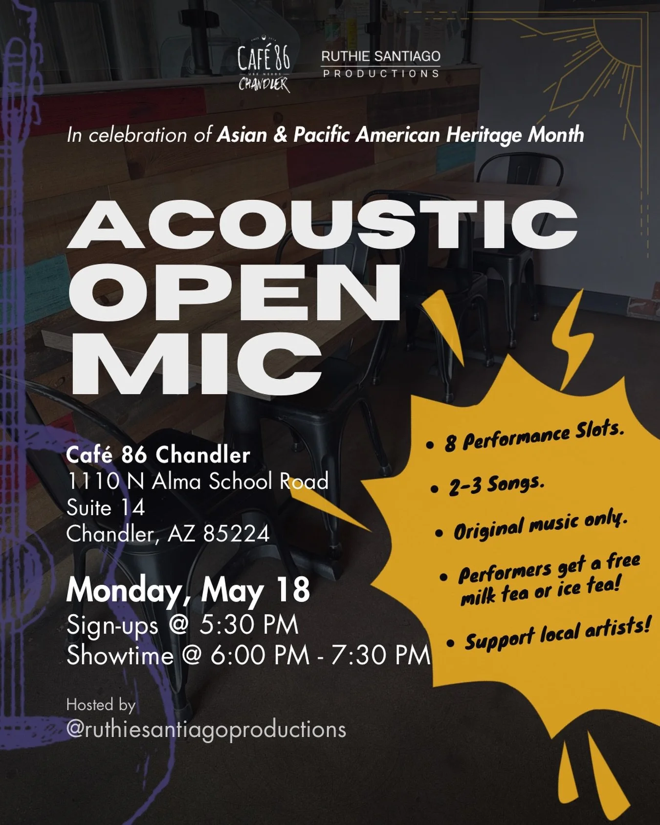 A collab I am so EXCITED to announce! 🤩
.
I am partnering with @ubenerdschandler to host an acoustic open mic in celebration of Asian American &amp; Pacific Islander Heritage Month 🥳
.
Monday, May 18th 
Sign-ups (in-person only) @  5:30 PM
Showtime