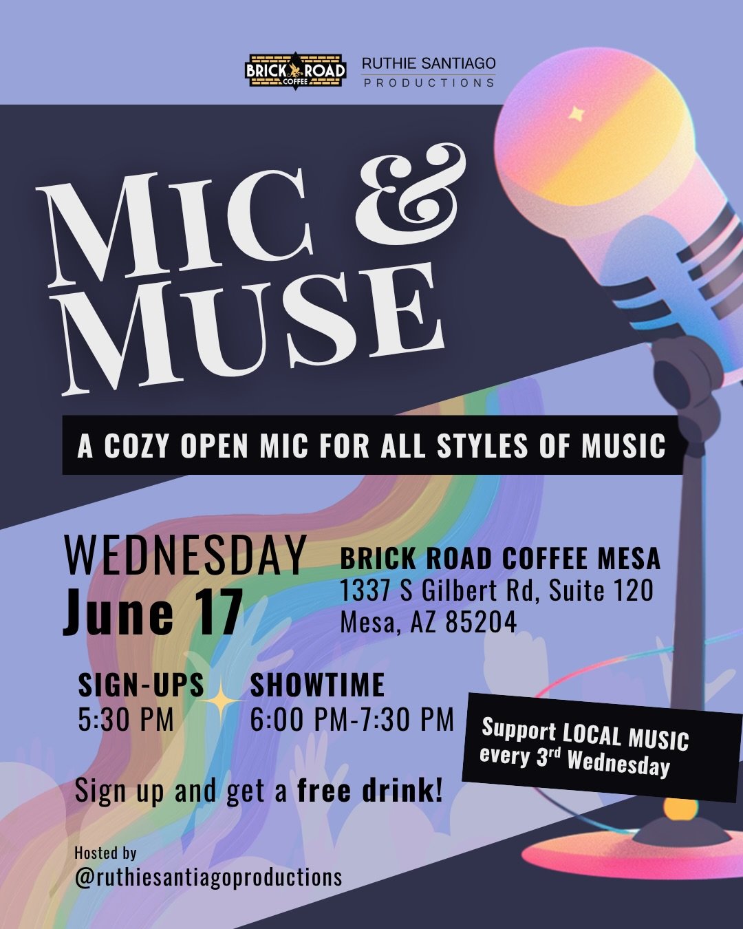 June is PRIDE MONTH and MIC &amp; MUSE @brickroadcommunity is on Wednesday, June 17th!

This is a cozy, listening-room open mic centered on music, instrumentals, and songwriting. Whether it&rsquo;s your first time performing or you&rsquo;re a seasone