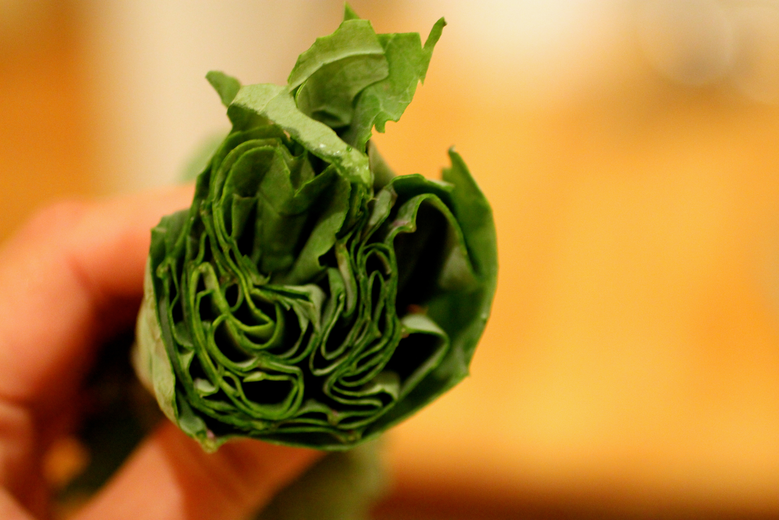 A great trick for chopping the greens into thin strips is to layer the leaves, roll up, and chop multiple leaves at the same time.