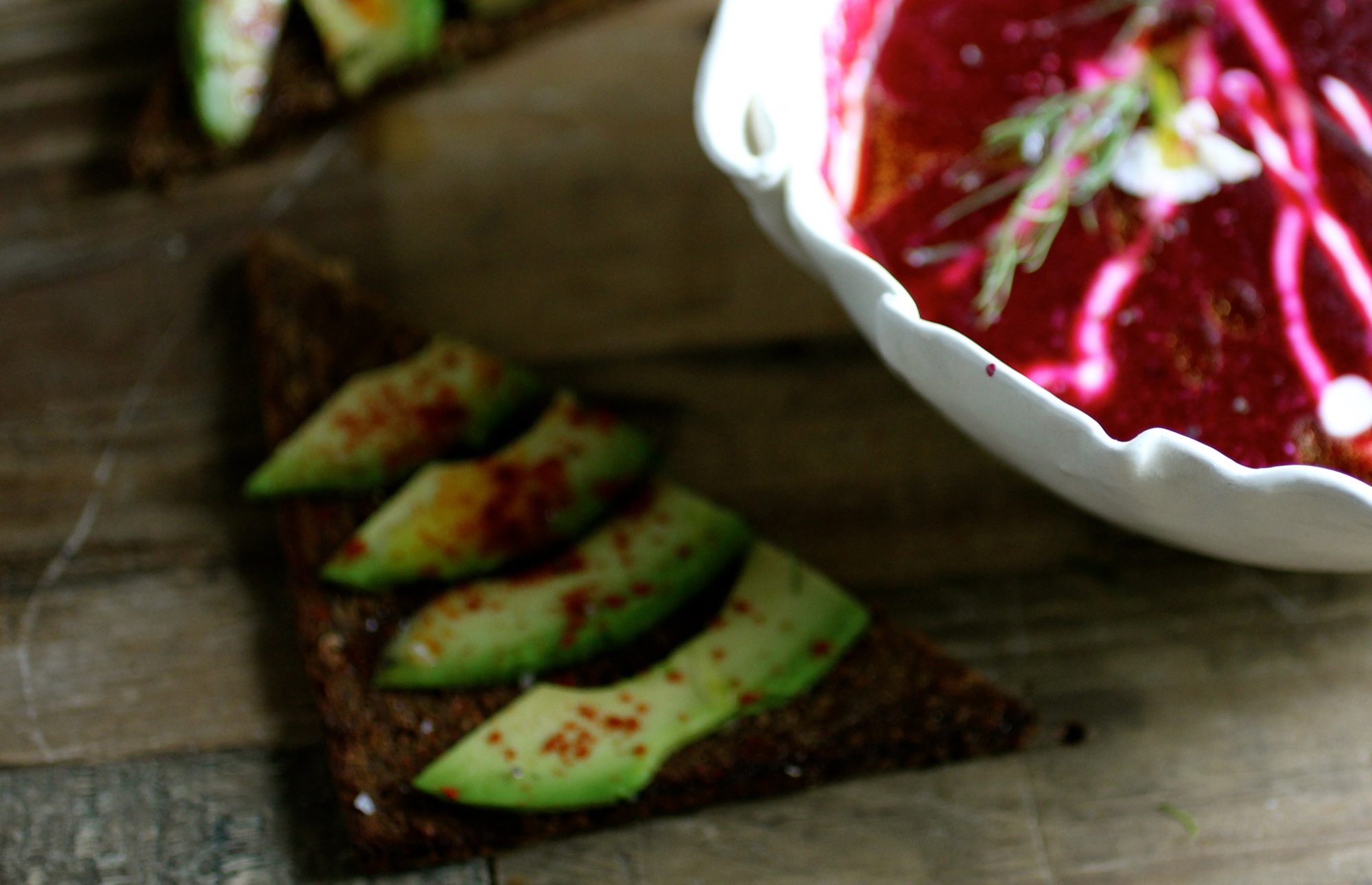 Borscht is great paired with avocado rye toast dusted with smoked paprika.