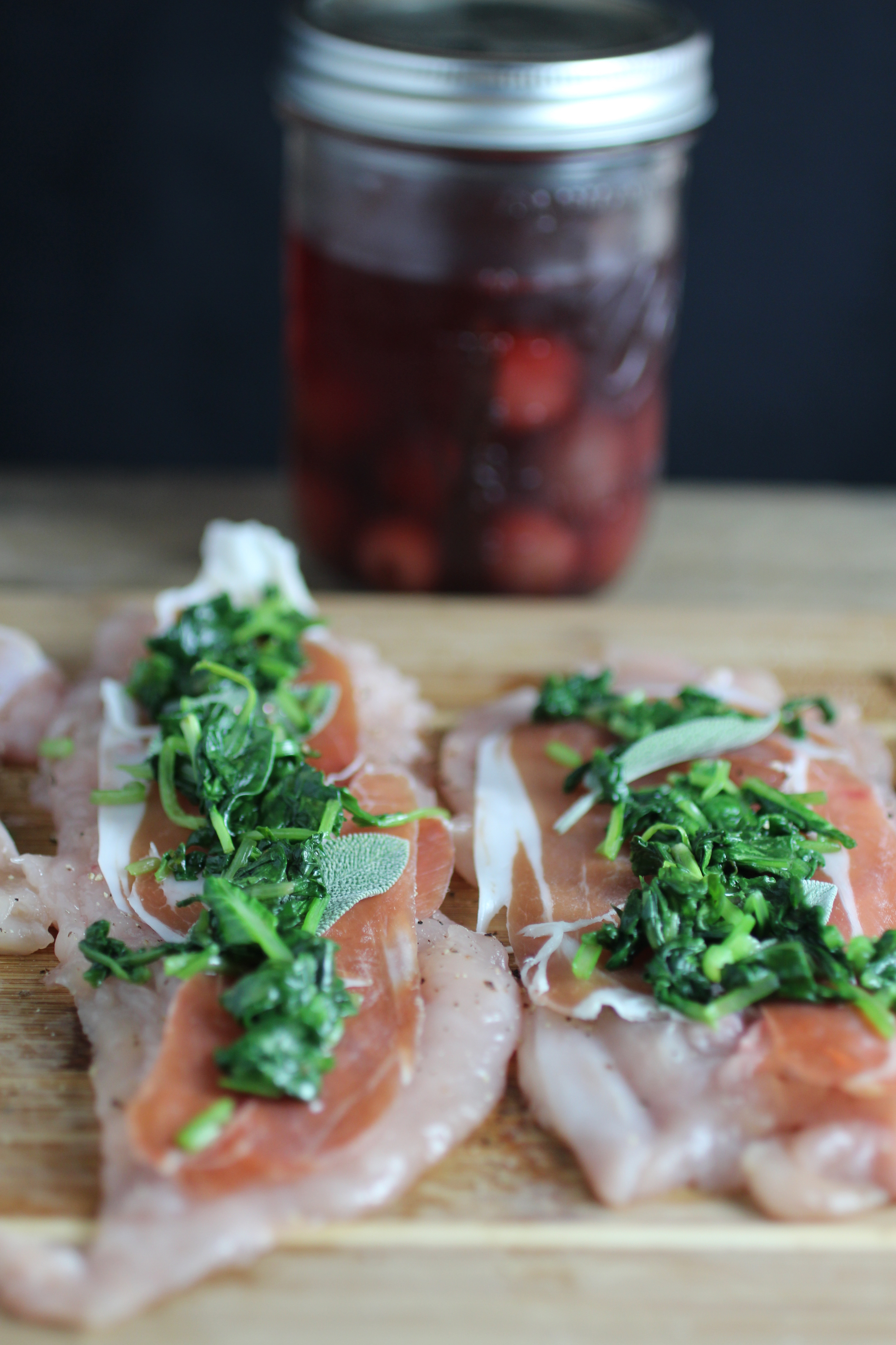 Brandied cherries are a great complement to the savory chicken and prosciutto.