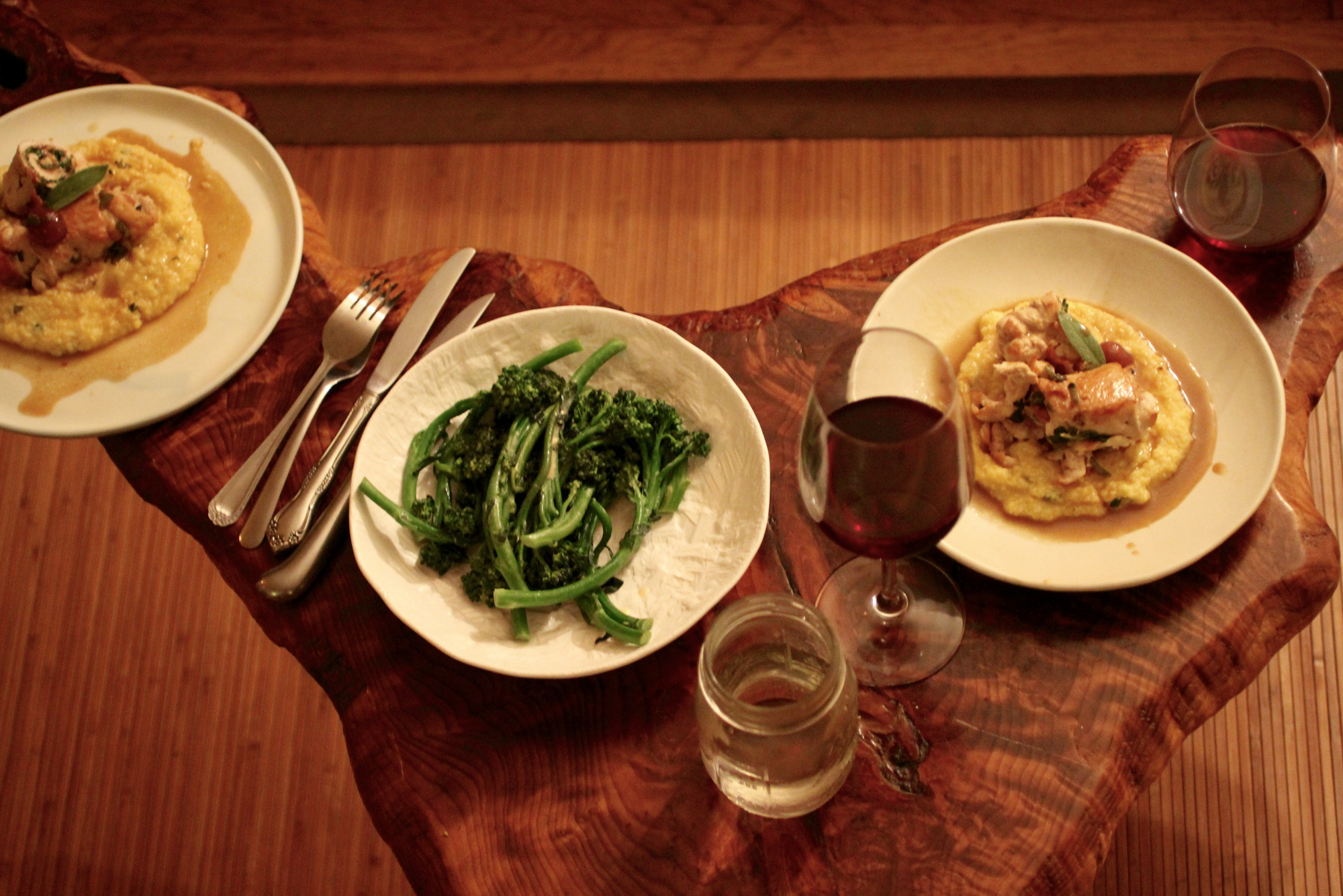 A meal of chicken brandied cherry saltimbocca, broccolini, and of course, wine.