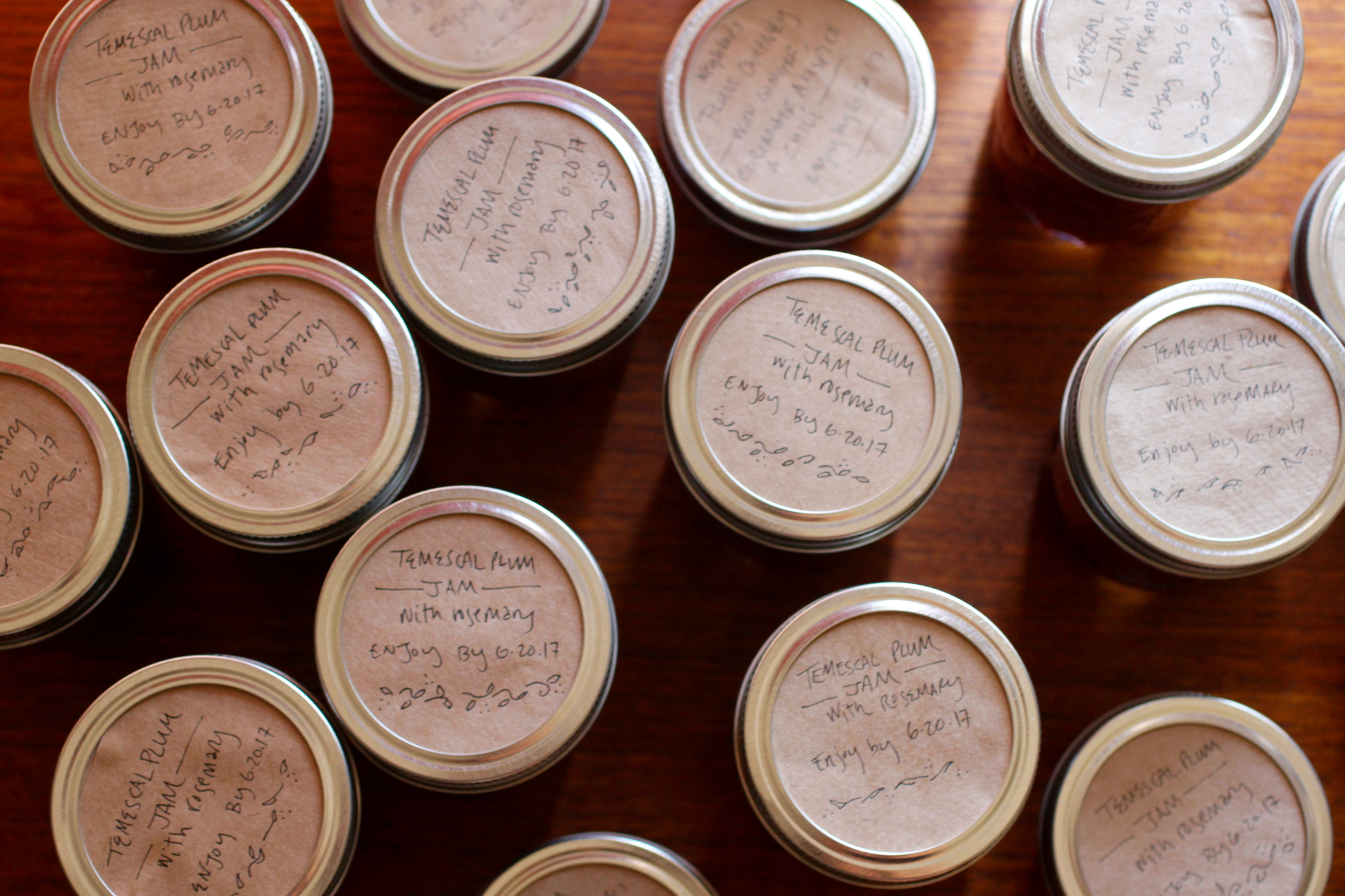 To label jam, I use old paper grocery bags - just trace the outside of a ring, cut out a circle slightly smaller than the outer edge, and then screw on top of the lid. 