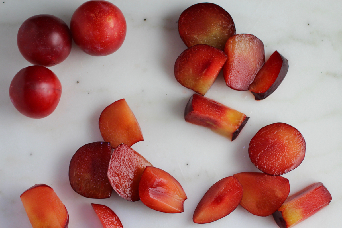 The flesh is yellow in color and the taste tart-sweet. Cut around the pit, as it does not fall out willingly. 