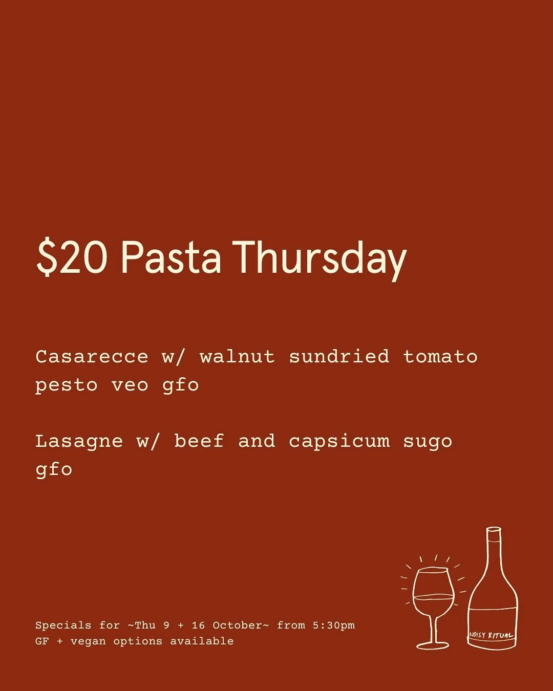 Thursday dinner plans are sorted ✅ 
$20 pasta every Thursday at Noisy Ritual 

Bring you appetite&hellip; and maybe some stretchy pants 👖 🍷 🍝 

#pastanight #winetime #melbournecheapeats #urbanwinery