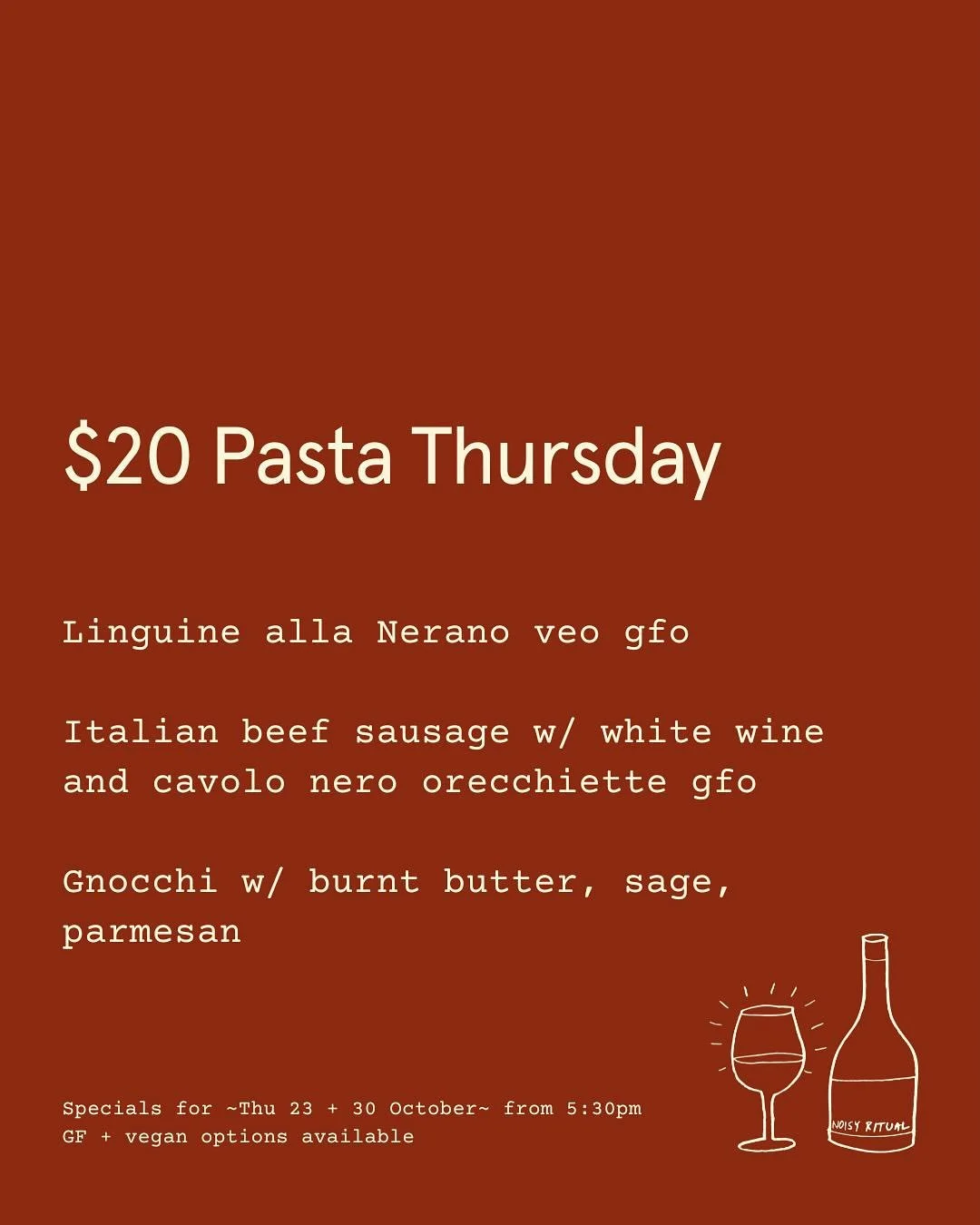 Thursday night = pasta night @noisyritual 🍝 

This week we&rsquo;re twirling up Linguine Alla Nerano (zucchini, parmesan , summer on a plate ☀️ ) 

Italian beef sausage w/ white wine and cavolo Nero orecchiette 🥬 🥂 

Gnocchi w/ burnt butter, sage 