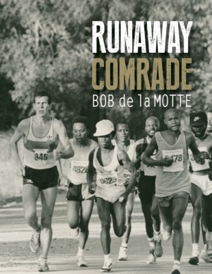 The cover photo was taken at the 50km JSE ultra marathon in August 1985. Bob and others jostling for gold medals after the marathon mark and in hot pursuit of race leader, Sam Ndala. Gibeon Moshaba in white cap and Ben Choeu in black cap. Bob won in 2:50.45. Photograph by Danie Coetzer