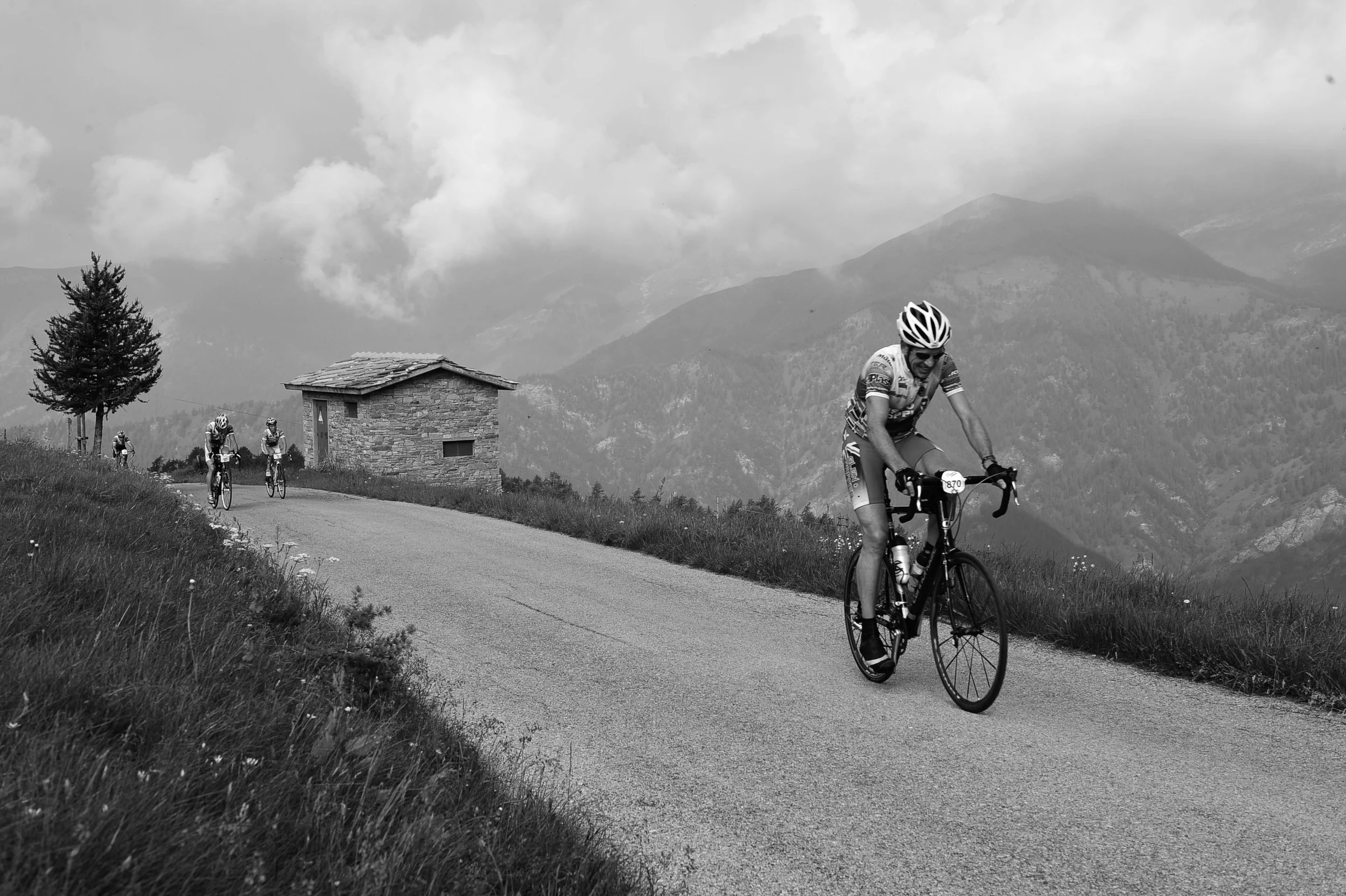 Summiting Col di Sampeyre (2,284m) en route to winning M50 cat – 249km Gran Fondo Fausto Coppi, Cuneo, Italy, June 2008 – net elevation gain of 3,710m.