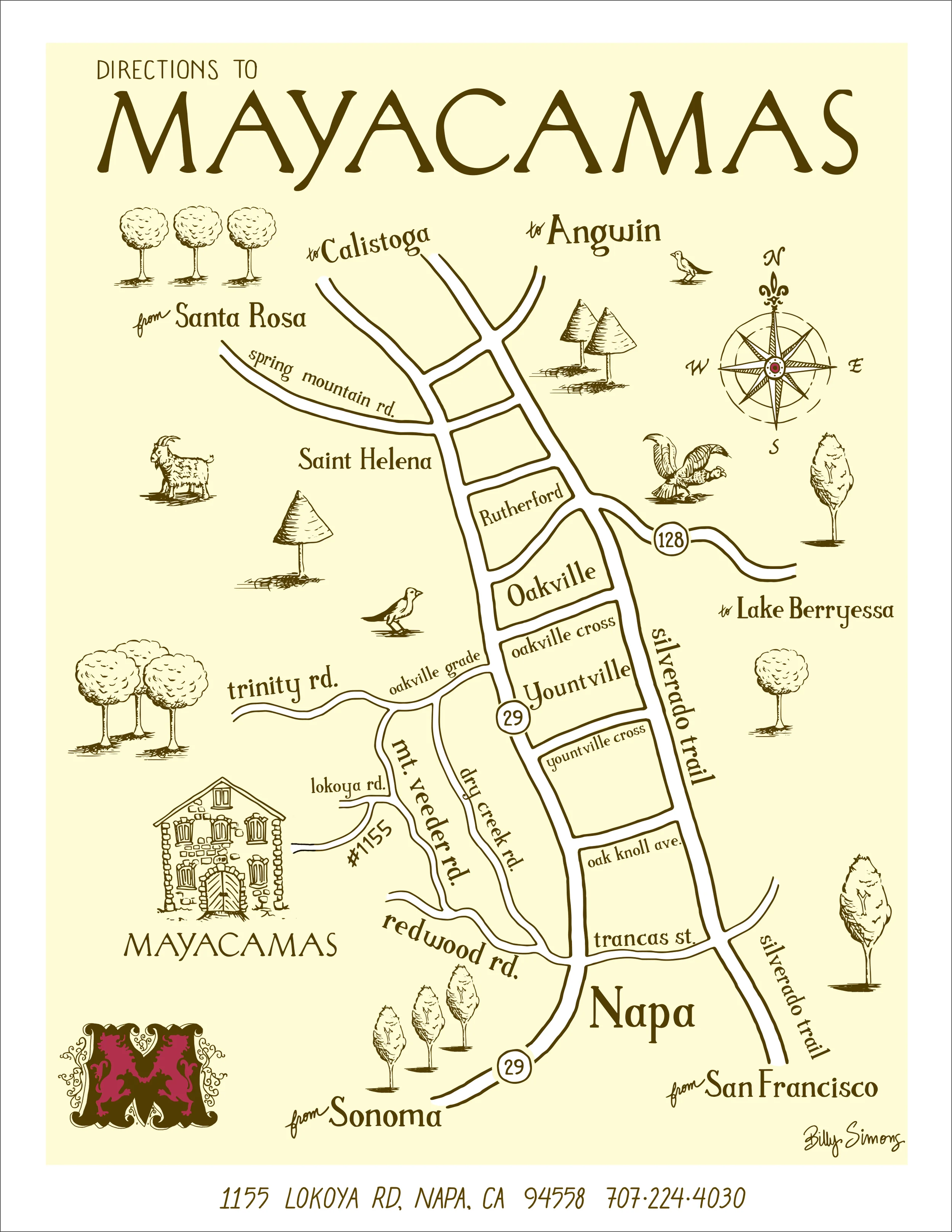 Whimsical driving map for Mayacamas Vineyard & Winery