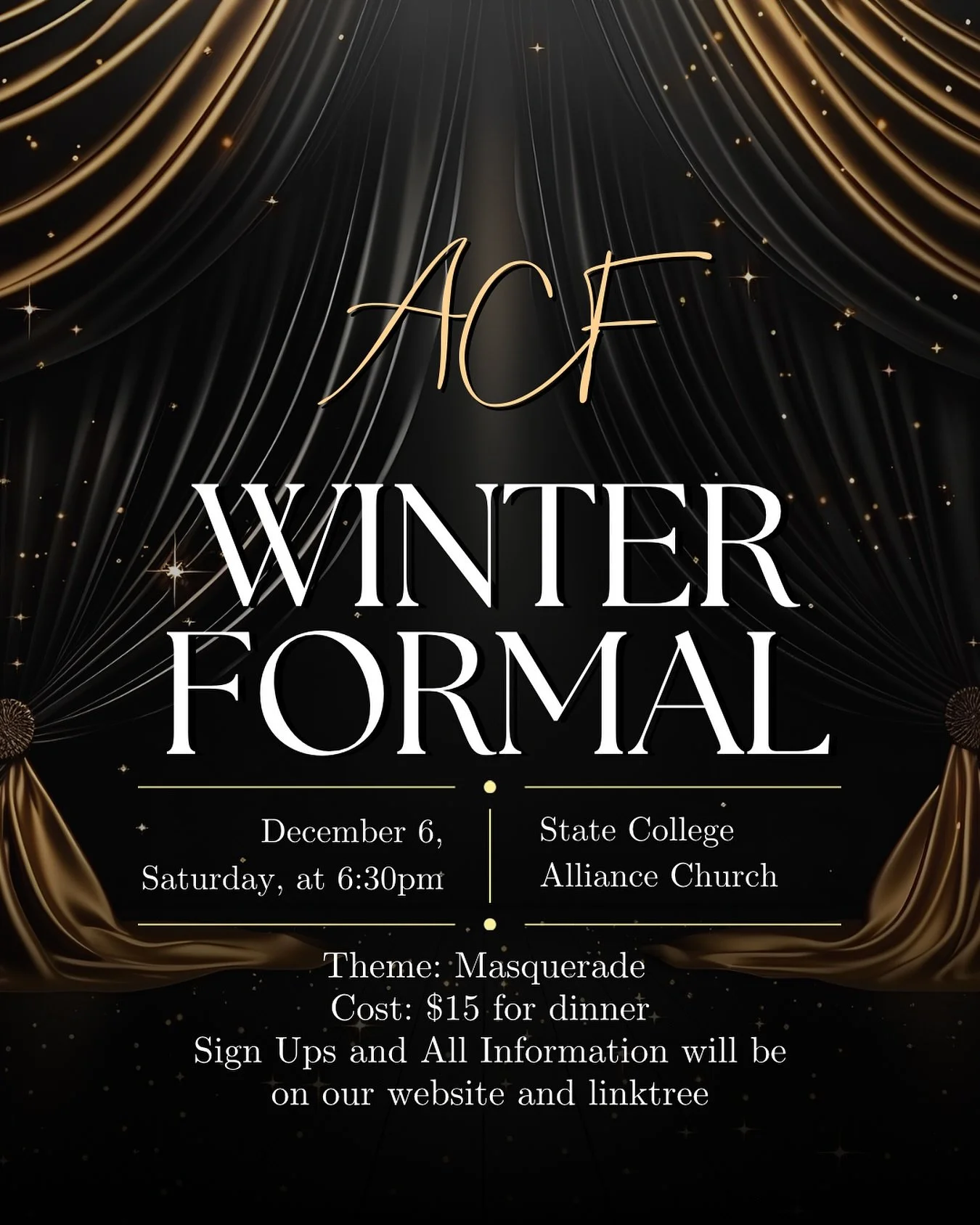 This Saturday, we will be having our annual winter formal; we will celebrate the end of the semester and our graduating seniors with food, music, games, and dancing! Everyone and anyone is welcome to sign up and come! The attire is formal, such as su