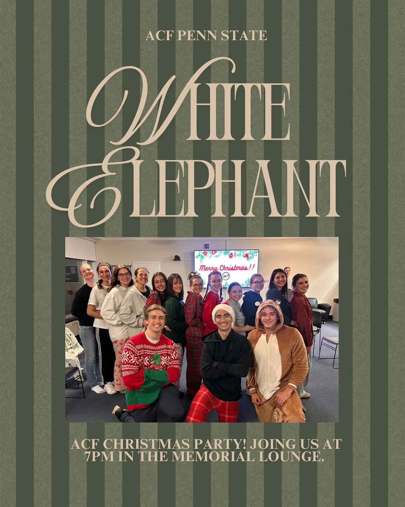 ACF Christmas Party!Join us at 7 pm in pasq in memorial lounge! Bring a wrapped gift under $10 for white elephant! 
Come dressed in your Christmas pjs or clothes! Stay after to watch a Christmas movie, drink hot cocoa, and have dessert!
