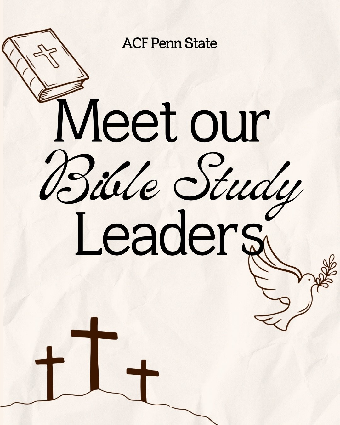 Here are our Spring Semester Bible study leaders! You can sign up on our website under the life group tab. We will start our first sessions next week!