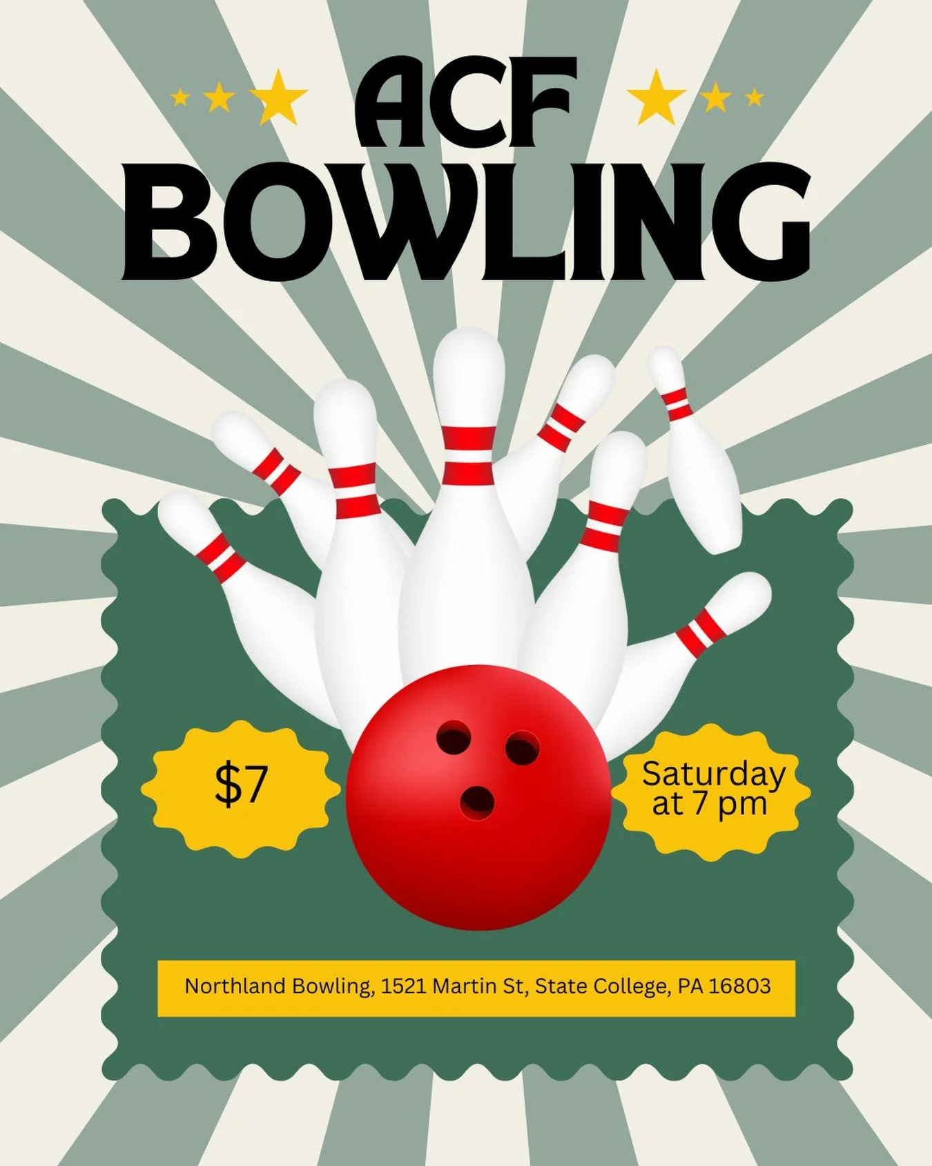 Bowling this Saturday at Northland Bowling! Sign up for rides on our website under the events tab, in which they will meet at 6:45 at Thomas. The $7 will cover shoes and 2 games, and you can pay either cash or Venmo when you get there! Hope to see yo