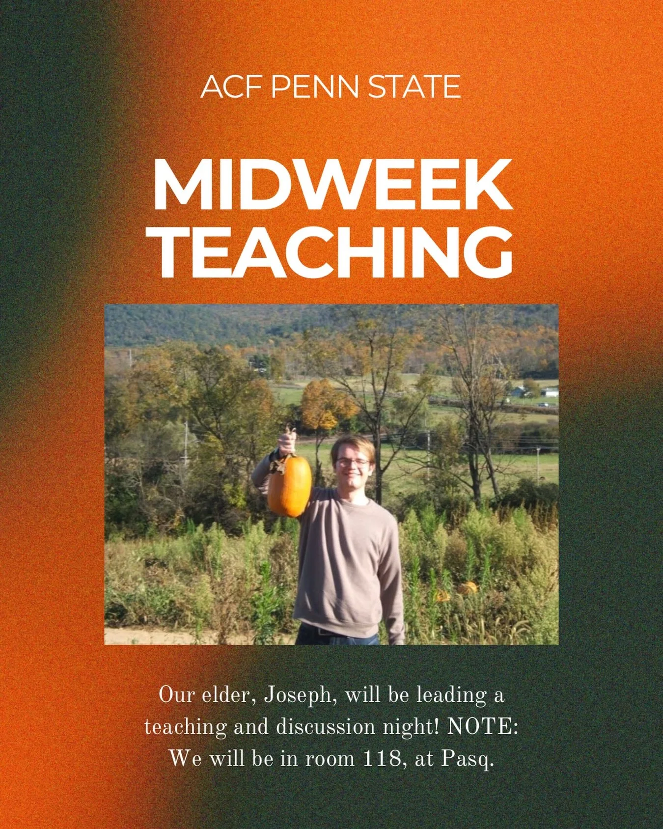 This Wednesday,Joseph will be leading a teaching and discussion night. Important note: we will be in room 118! If you walk through the main entrance you will go down the hallway on the left, walk all the way down to the end of it, and it will be on y