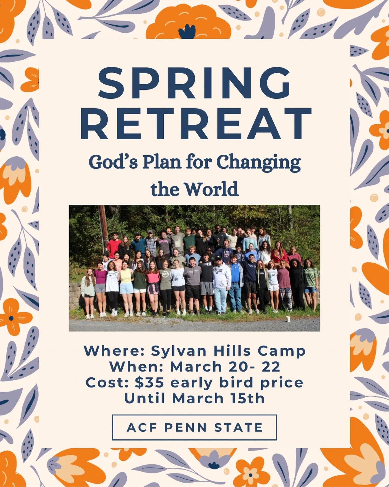 The time has come&hellip; Spring Retreat! Join us from Friday, March 20 to Sunday, March 22 to learn about God&rsquo;s Plan on Changing the World 🌎 Today is the LAST DAY for the early bird rate, so sign up!! The cost will cover lodging and food. Thi