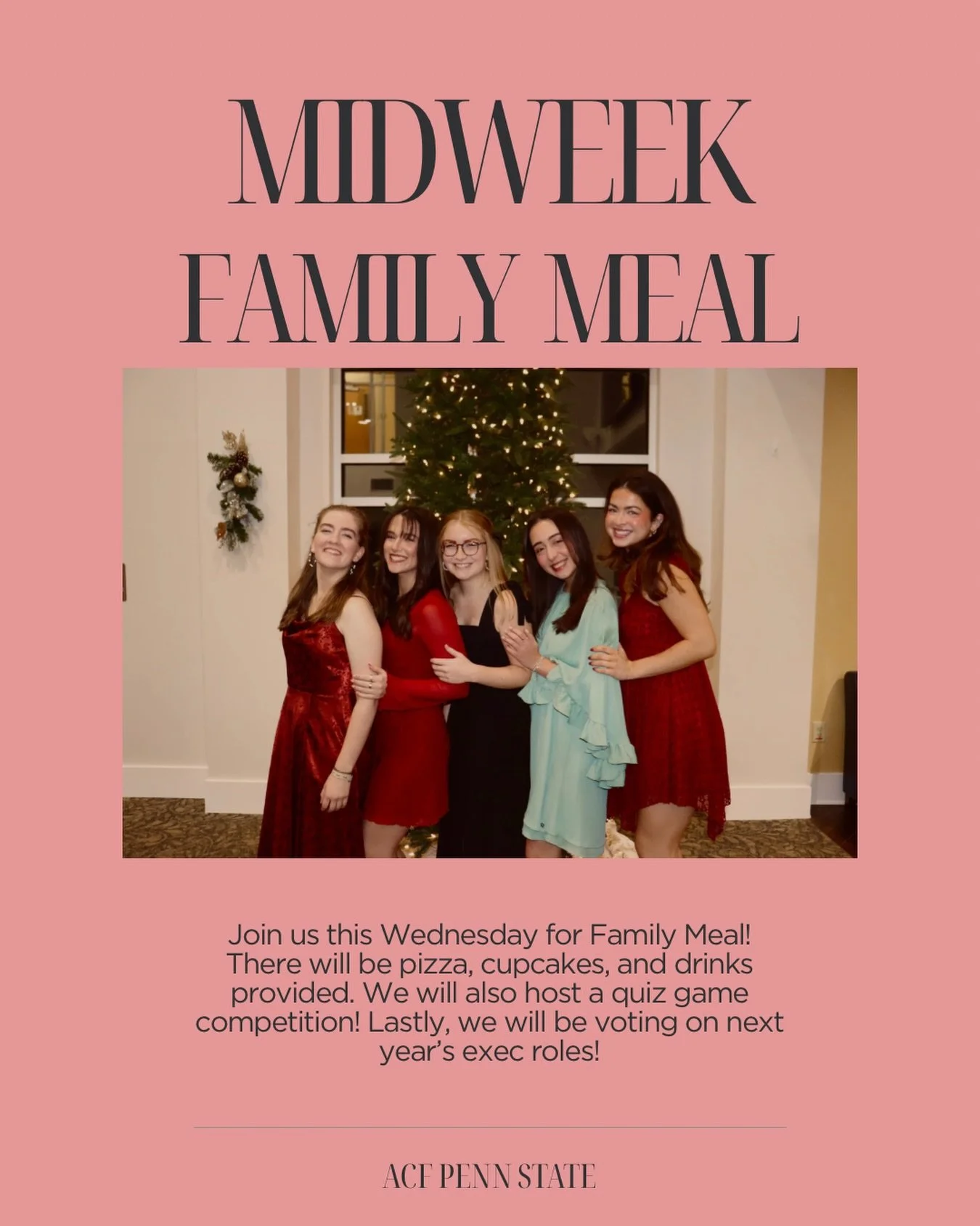 Come join us this Wednesday for family meal! We will be providing lots of food, along with games, and voting for next years exec team. Hope you all had a restful break and looking forward to see you!