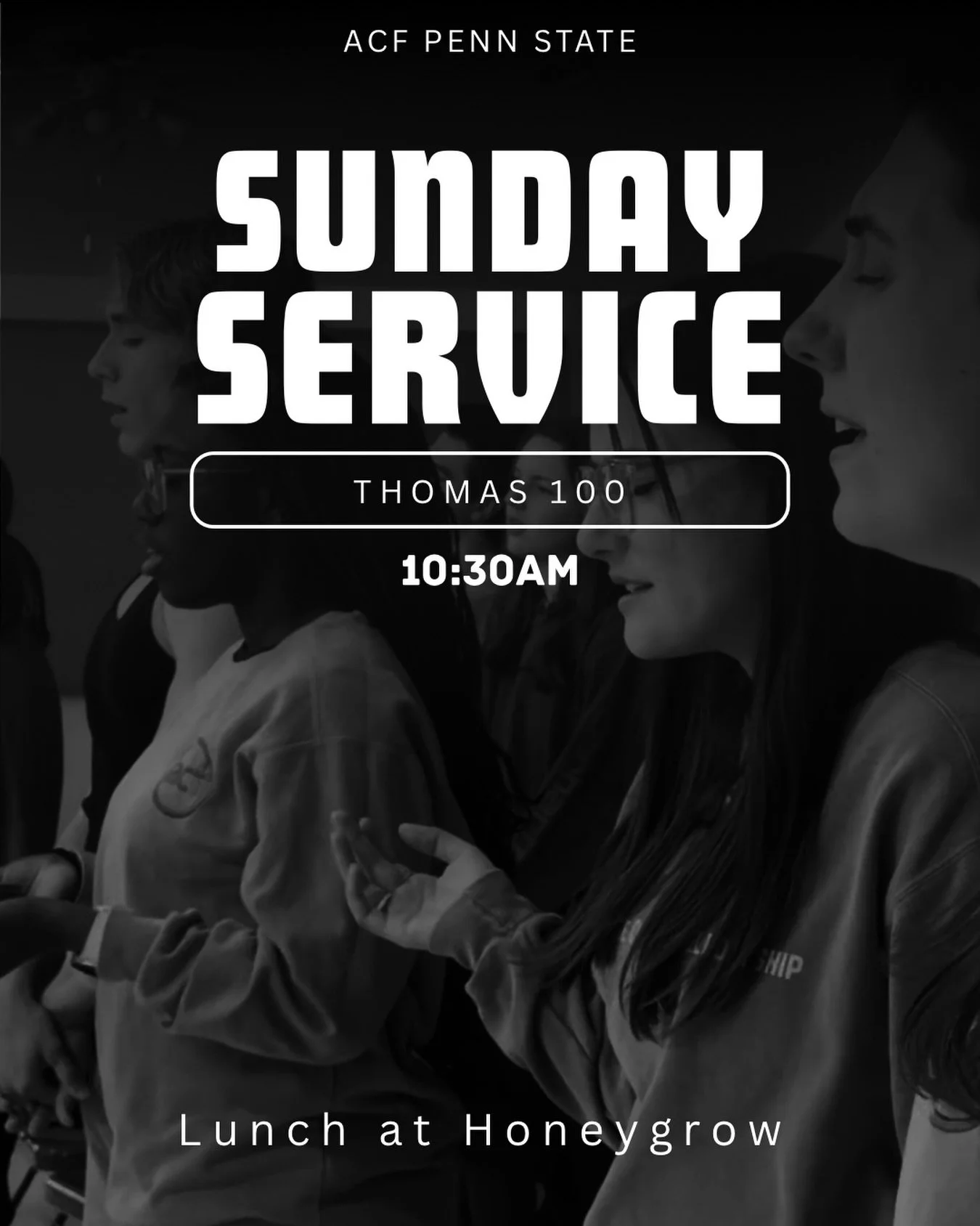 Come join us this Sunday for service! We will be in Thomas 100. Also, come join us for lunch afterwards at Honeygrow!