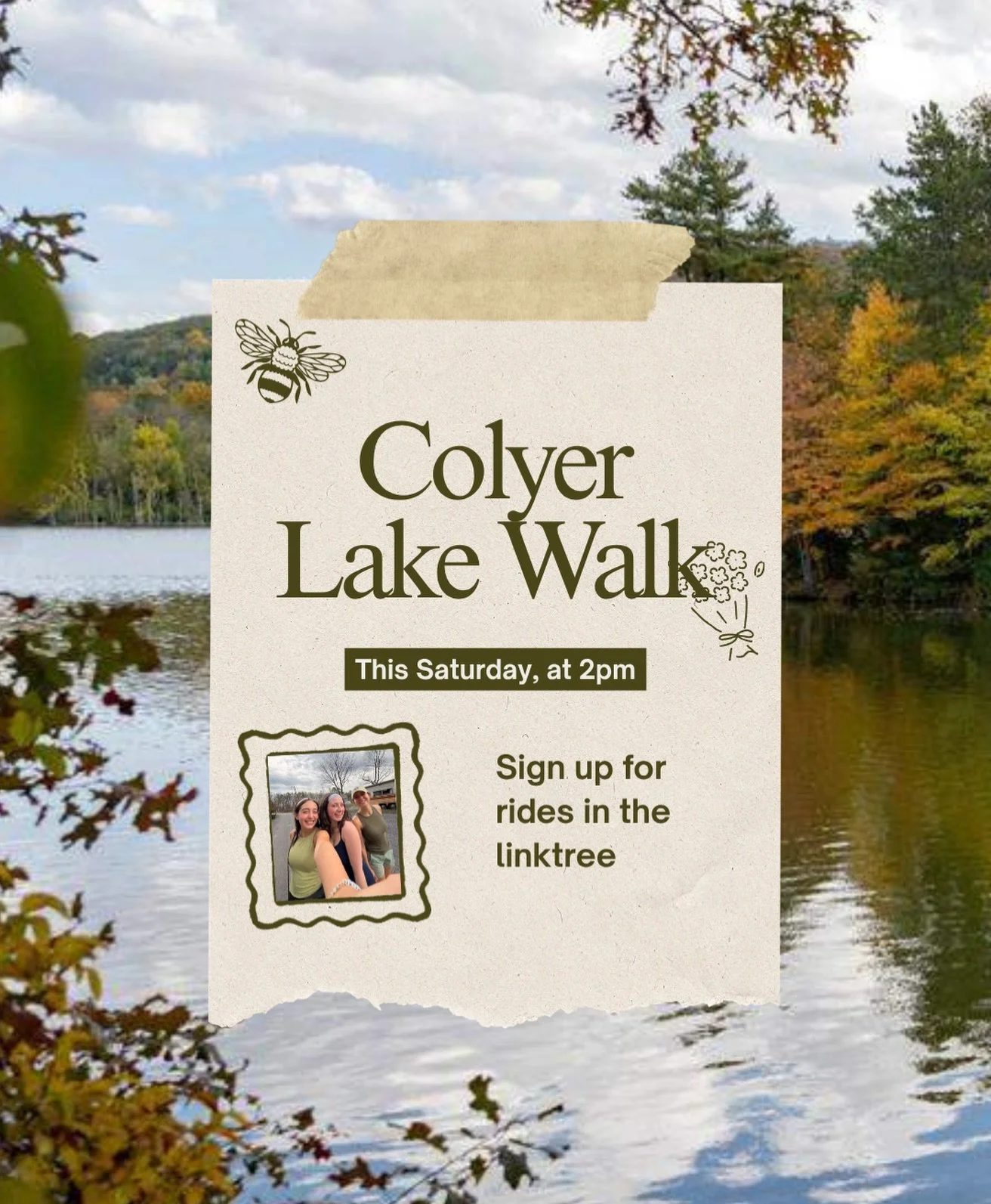 Join us this Saturday for a 2.5 mile hike around Colyer Lake at 2pm! You can sign up for rides in our linketree. We will meet at Thomas at 1:45pm.