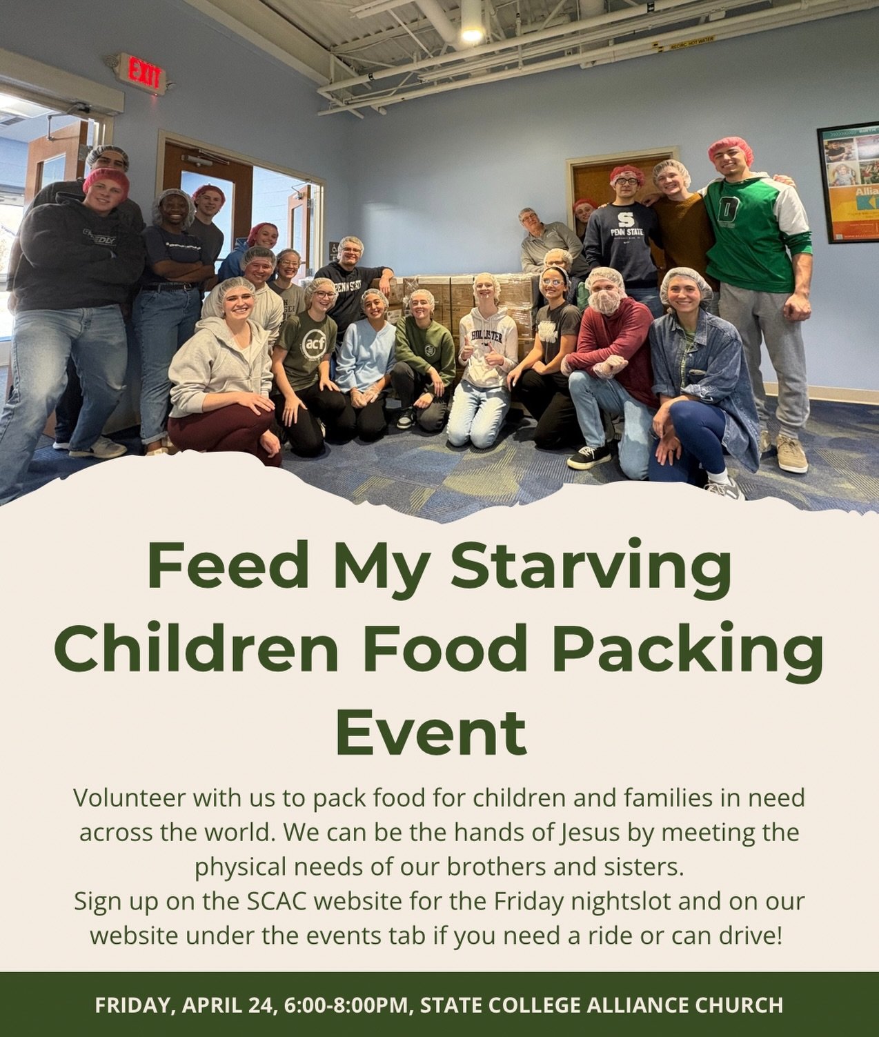 Volunteer with us to pack food for children and families in need across the world. We can be the hands of Jesus by meeting the physical needs of our brothers and sisters.
Sign up on the SCAC website for the Friday nightslot AND on our website under t