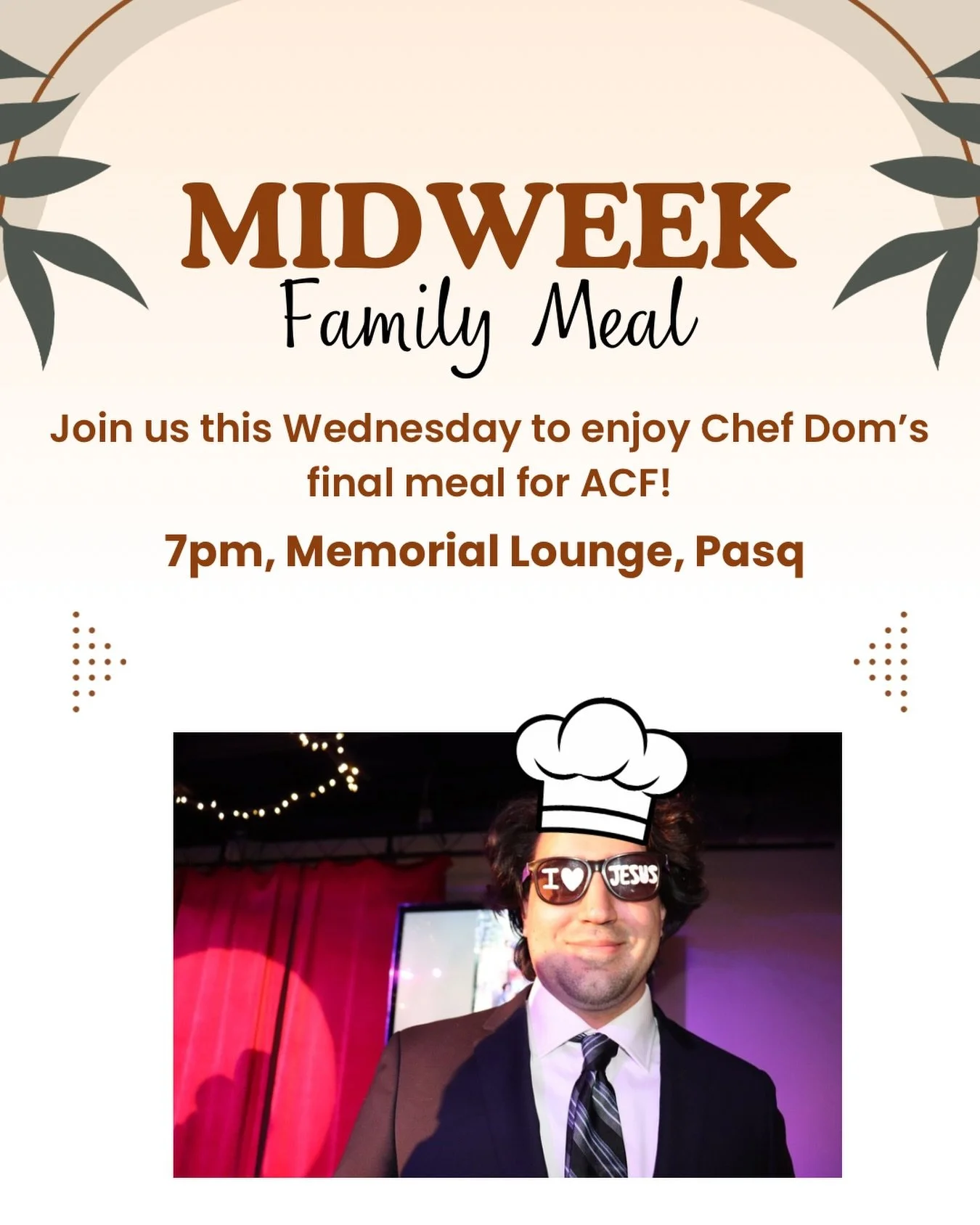 Join us tomorrow for our last midweek meal! Our elder and chef, Dom will be cooking his last meal for ACF 😢