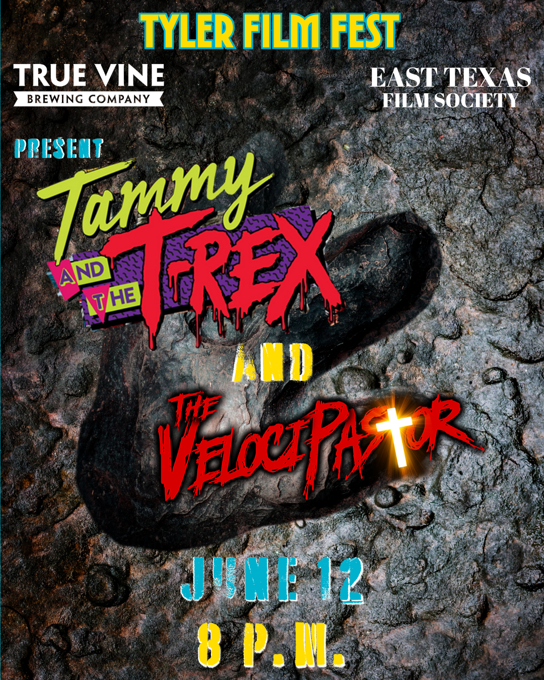 Tyler Film Fest poster for Dino Double Feature at True Vine Brewing Company on June 12 at 8 p.m.
