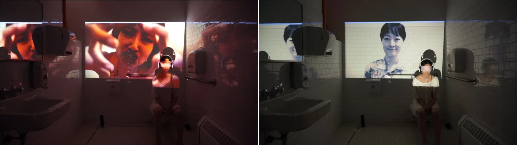 In the restroom, I, the performer, will sit on a toilet seat with both feet on a copper-capacitance sensor (4x10 inches). My eyes will be covered with fabric to prevent me from seeing the audience. Headphones will also cover my ears. A screen is placed on the wall above my head, my most personal space, using a projector. The computer, projector, speaker, and capacitance sensor are connected to the Arduino board under my feet. The video will be projected on the screen in front of my face containing negative and positive emotions. /The inherent meanings/ a. Restroom: A restroom is a private place for everyone. We sometimes communicate secretly about someone and take any action without any intervention. b. Toilet Seat: This is a symbol of a place to excrete filthy or unclean things. c. Eyes covered with fabric: This is an expression of ignoring blank eyes from other people, hiding from awkward or insincere moments, or expressions. d. Ears covered with headphones: I attempt to show we often block ourselves from other’s judgments or comments about ourselves. e. Main concepts from Videos and Performance: In virtual worlds, humans reveal unfiltered expressions and pour them out loudly and freely toward each other regardless of any hesitancy. In real worlds, humans tend to be timid and introverted in silence. Our century pushes everyone to be connected constantly and gets scared and feeling lonely if not connected. 