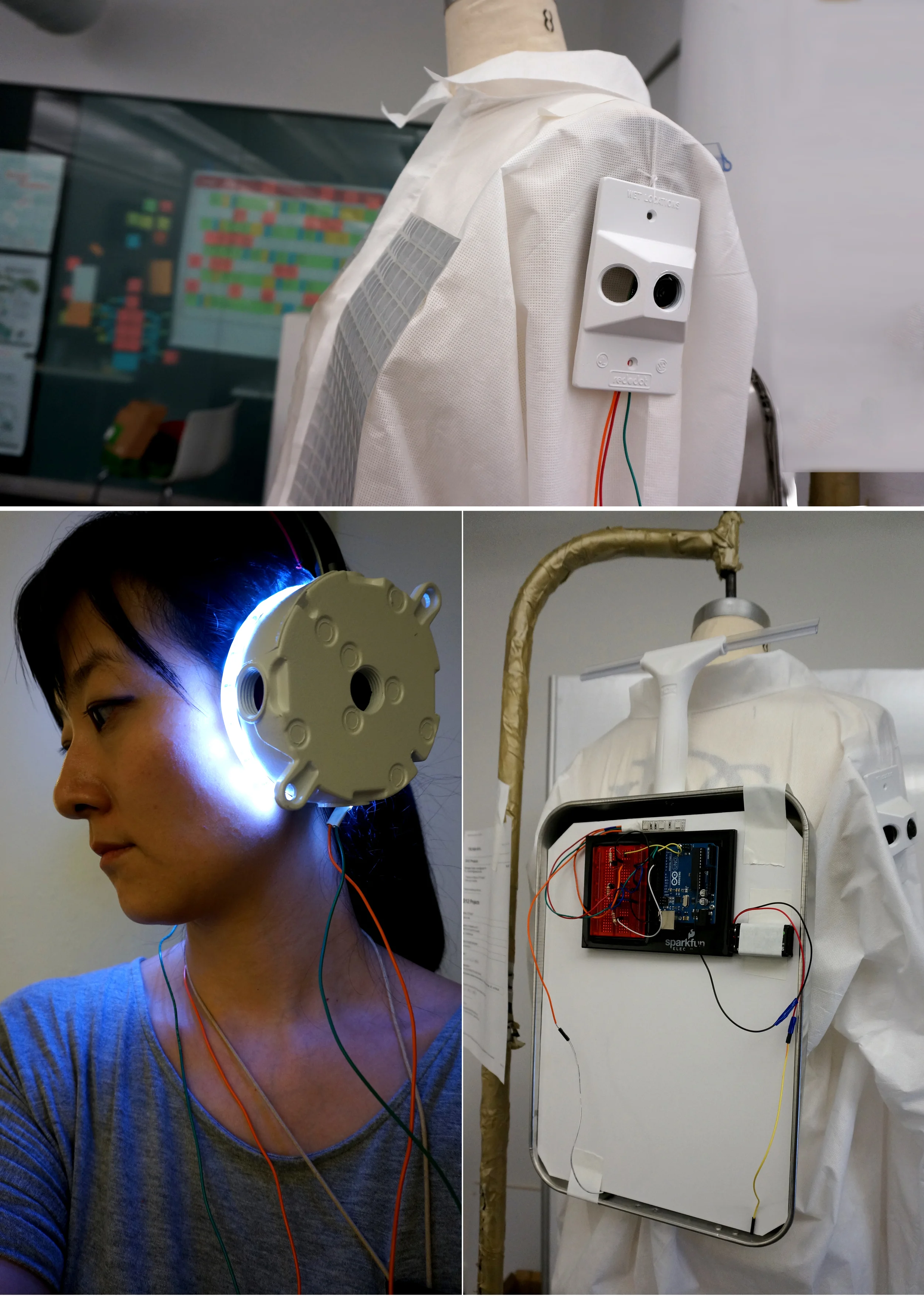 Physical Computing: Arduino, Wave shield, Maxbotix Sonar Sensors Objects: A White Suit for Painting, Stainless Steel, Rubber Gloves, Recycled Headphones