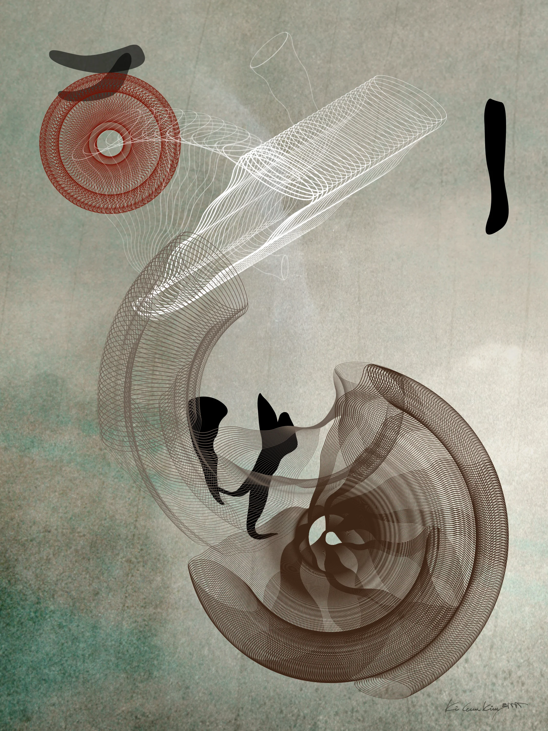 #5: Digital & Watercolors on Watercolor Paper 18"x24", 2012 #5 element was evoked from musical rhythms and beats in a 2D computer image on digital & watercolor background.