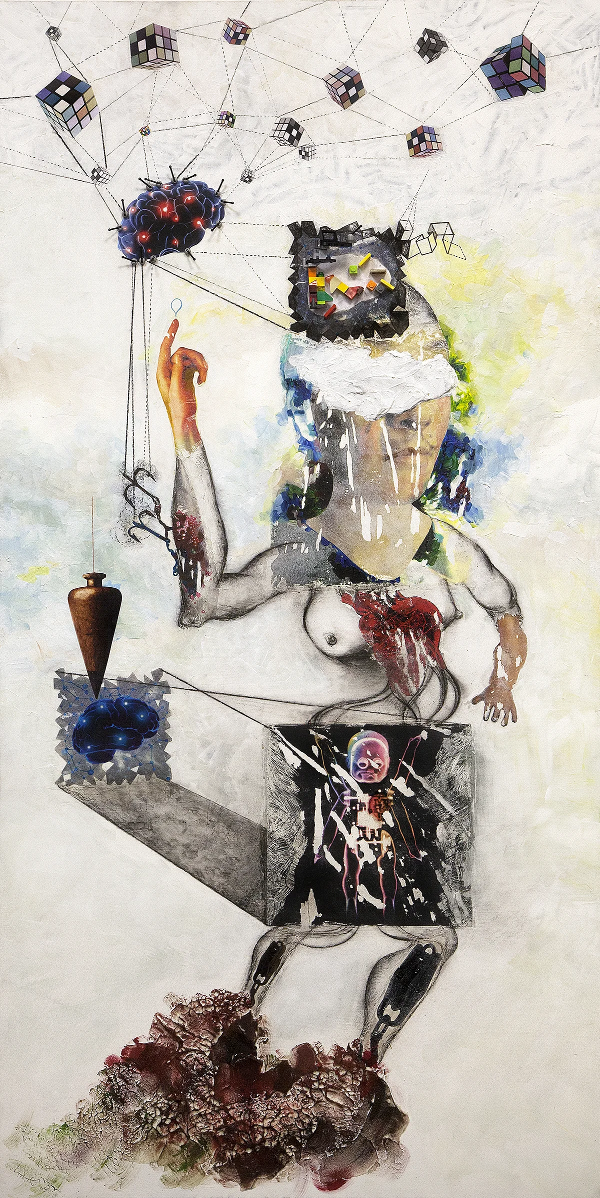 Charcoal, Gesso, Coarse Molding, Structure Gel, Acrylics, Pieces of Lego toy, Pen, Photo & Magazine Images on Wood 24"x48" (2012)