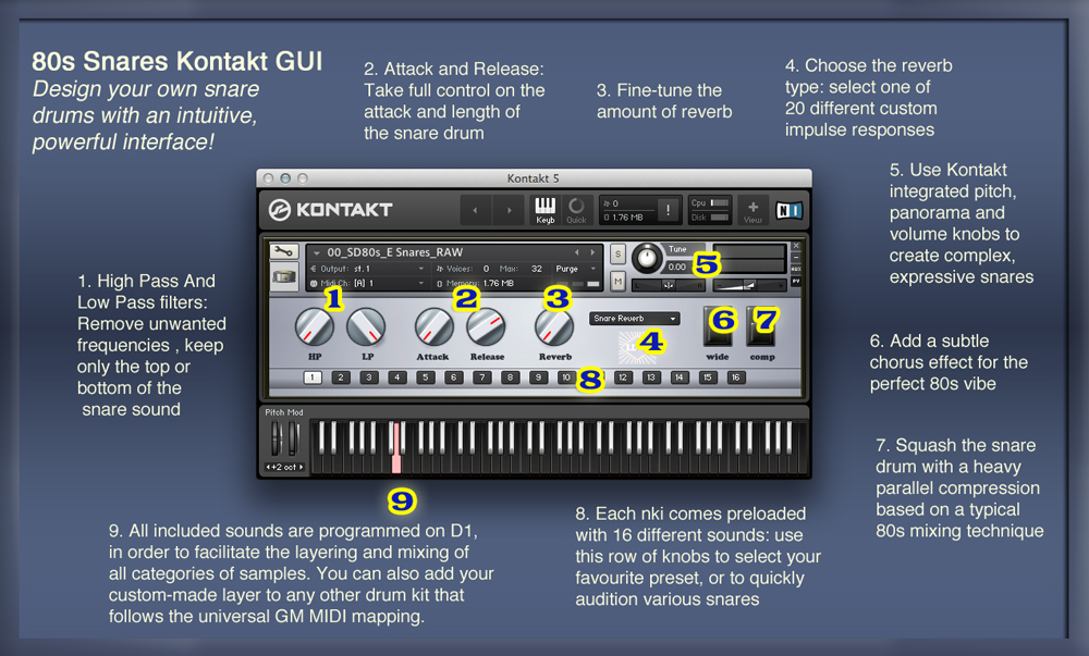 The Kontakt user interface provides quick access to all sounds and simple, intuitive controls to transform and combine them.