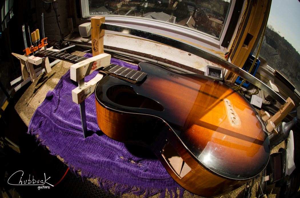 2002 Tacoma Thunderchief flat top acoustic bass :: regluing the tail block to the top along with a split headstock.