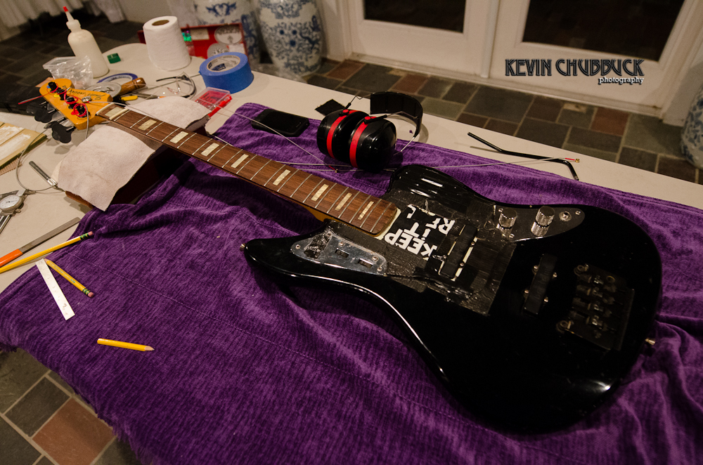 Chuck’s Fender Jaguar fret dress on frets above the 12th
