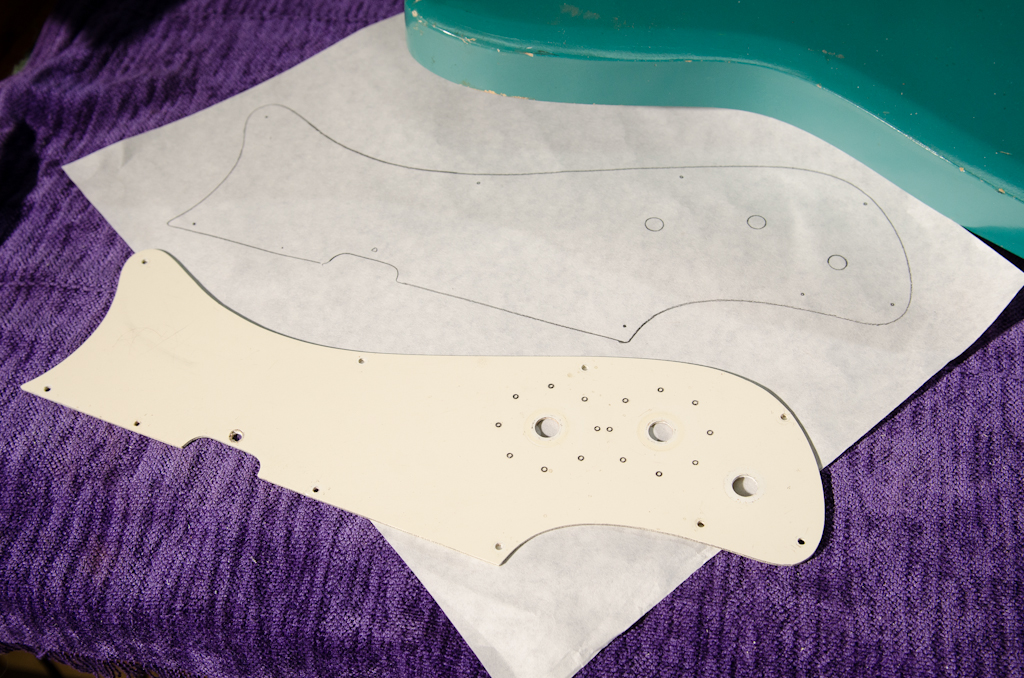A good practice is to make a copy before using the original pickguard as a routing template should things go south on the router table. This “dummy” guard will replace the original, minus the control holes.