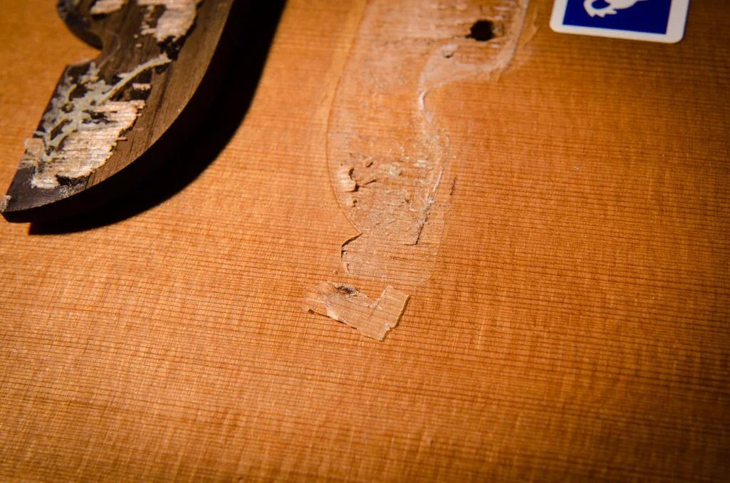 This is the piece that we saw in an earlier photo before removing the bridge. This will be saved, along with other pieces to reglue to the top.