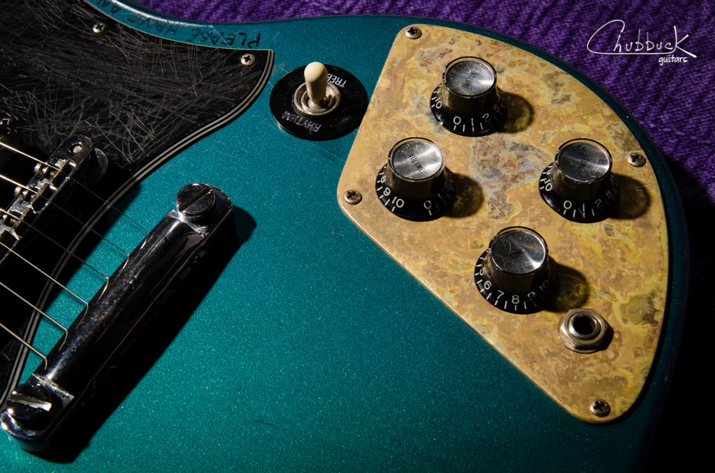 2001 Gibson SG :: custom patina’d brass control plate repair for a broken lower bout and output jack mount