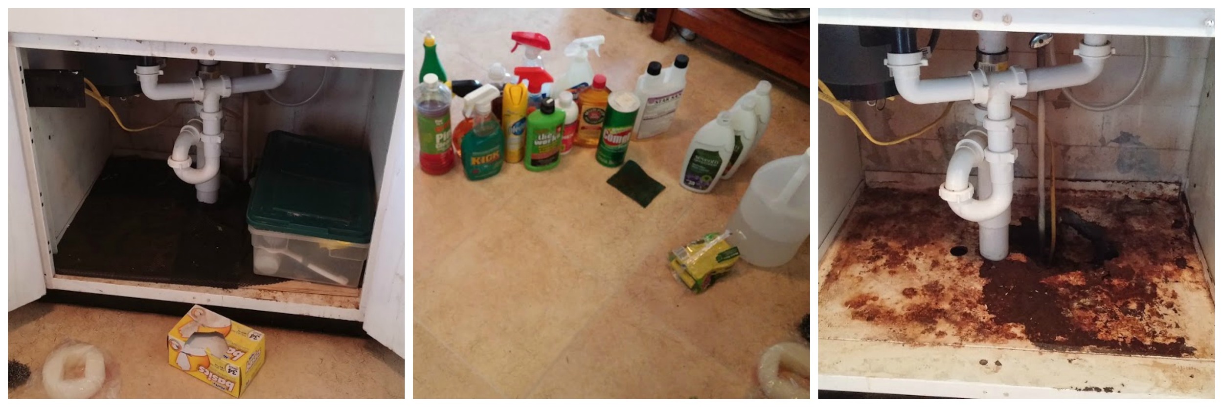 Under the sink before, minus the bottles; the bottles; and under the sink without the board. That was black shelf liner on the board before. I have no idea why I have three extra bottles of dish soap. 
