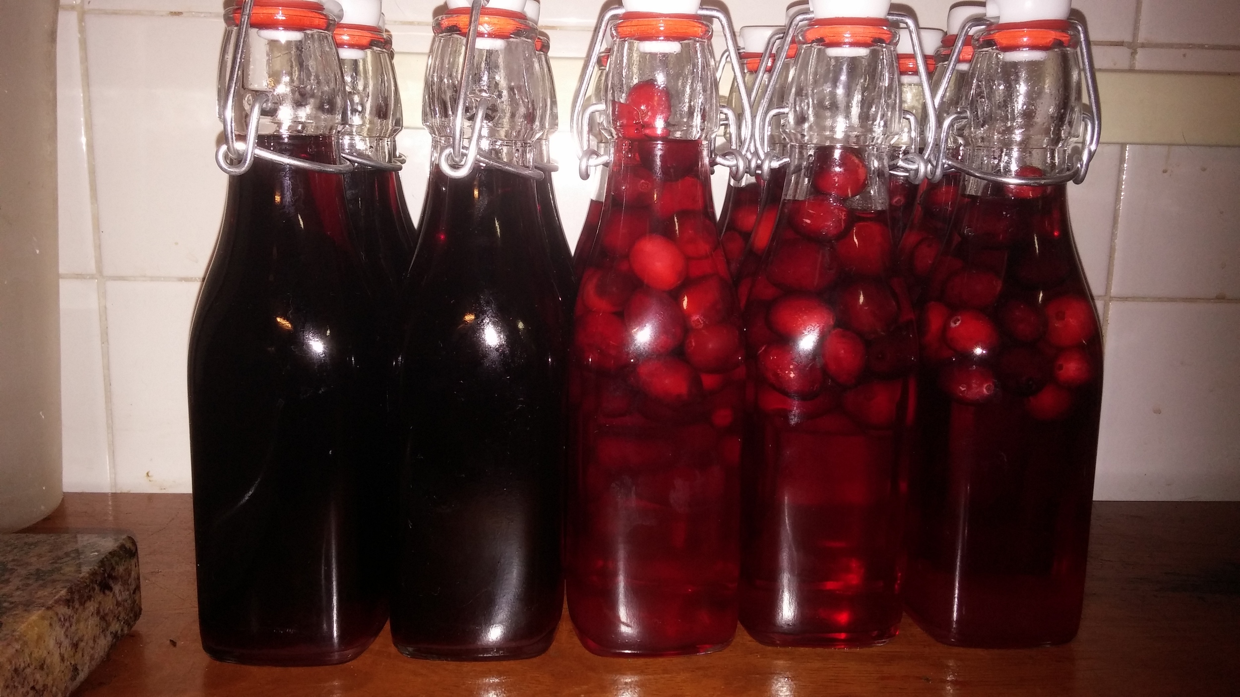 Cherry and cranberry liqueurs I made this year, that I'll be giving as gifts.
