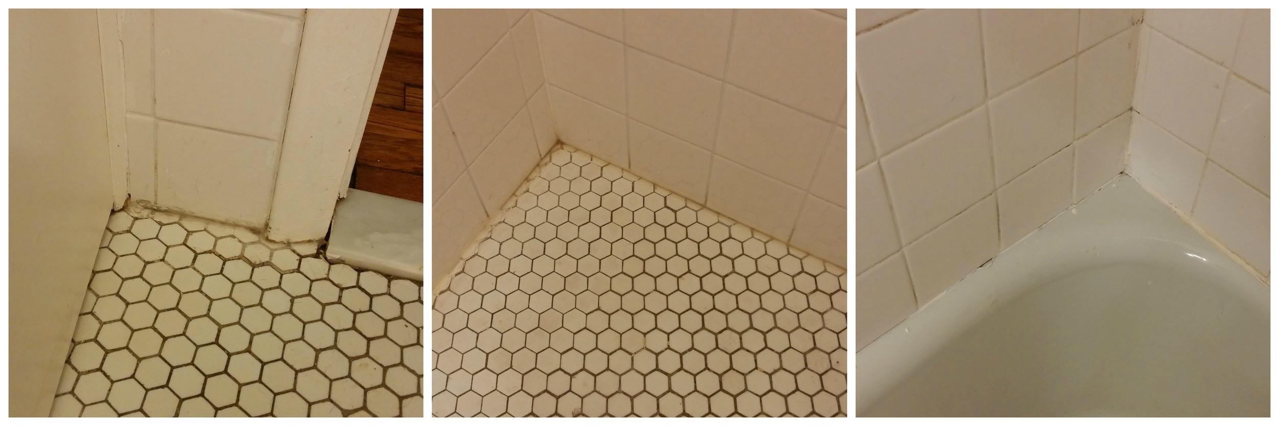 Ugly floor caulk (and a grout issue), and the caulk in the tub that needs to be replaced (and more grout issues)
