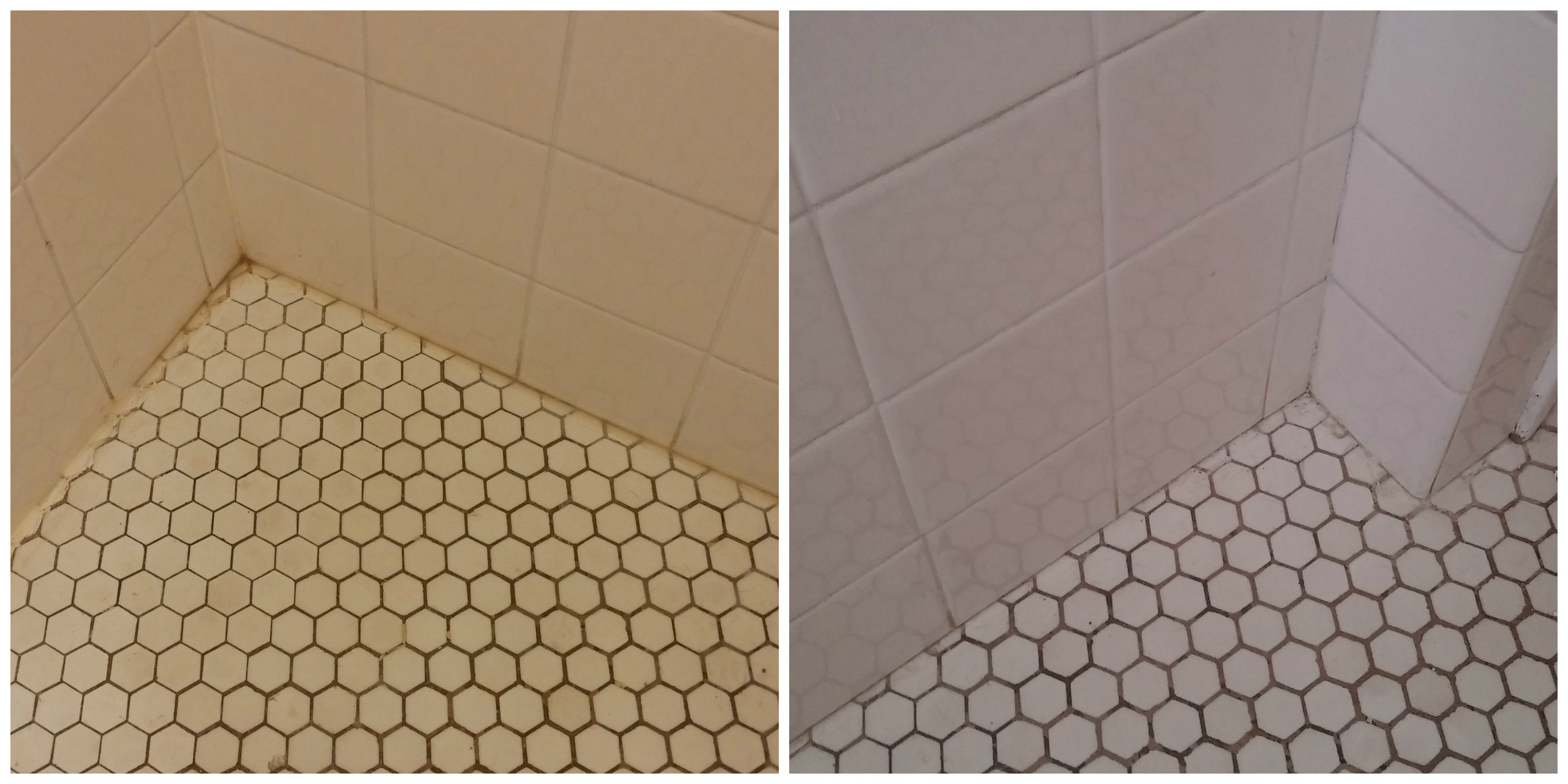 Taken in different lighting, but you get a good idea how dingy the "clear" caulk looks when you compare it to no caulk. 