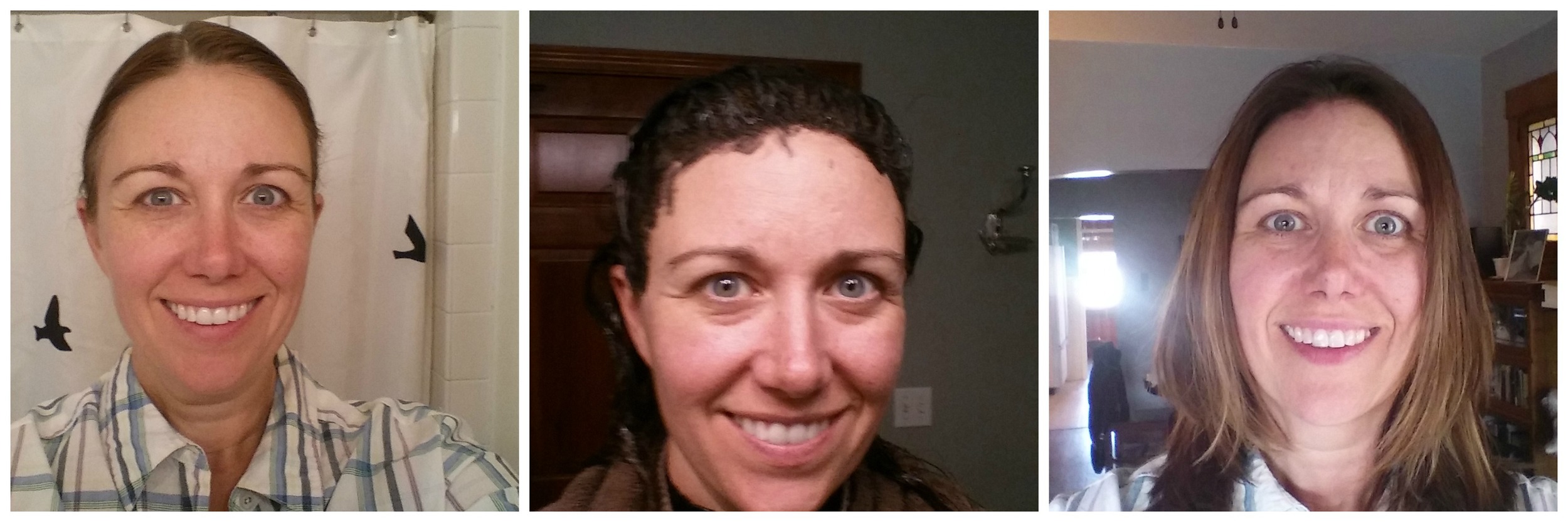Me this morning, me with hair dye on my head at the salon (note the enhanced wrinkles and other lines around my eyes thanks to the lighting), and me back home in natural light, with better hair. I think the lighting in our bathroom, where I've taken most of my selfies, is actually pretty good. Who knew. 