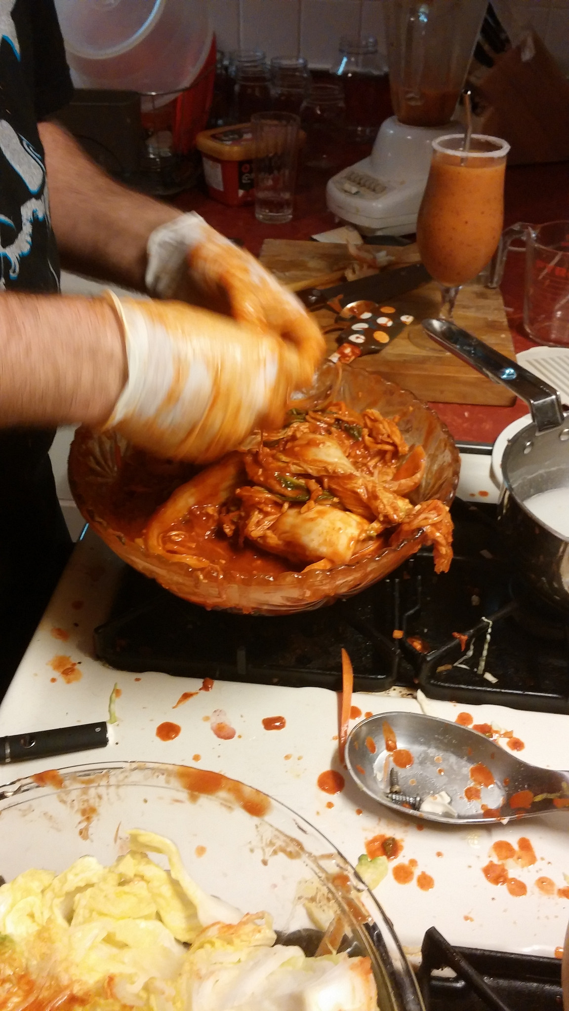 Making kimchi is messy business. 