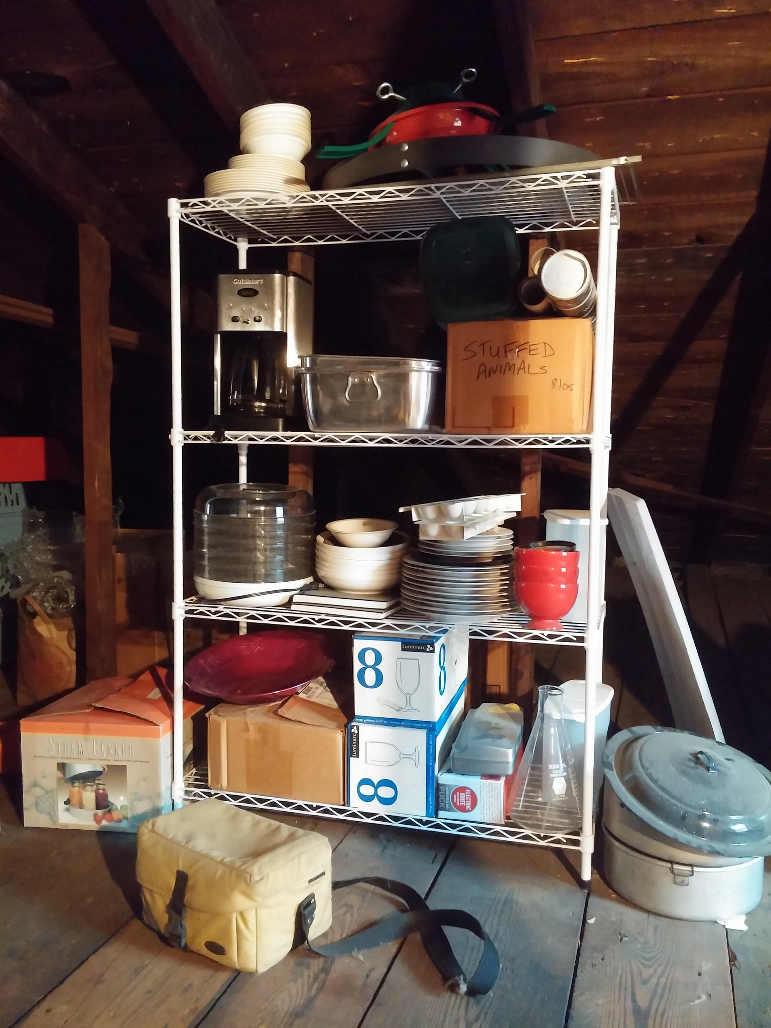 Mostly kitchen stuff, except that box that says "stuffed animals," which I'm not ready to deal with yet. 