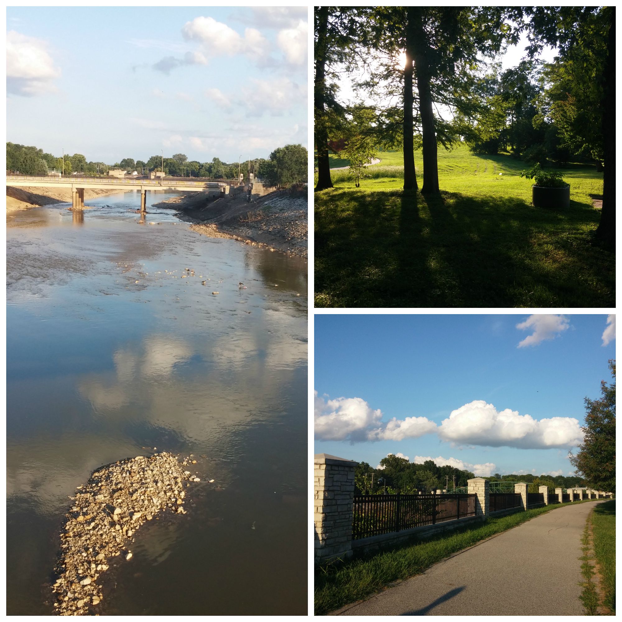 Pictures from my afternoon walk: Looking south over River des Peres, trees at the base of "cemetery hill," and the trail (with fluffy clouds) on the west side of River des Peres. 