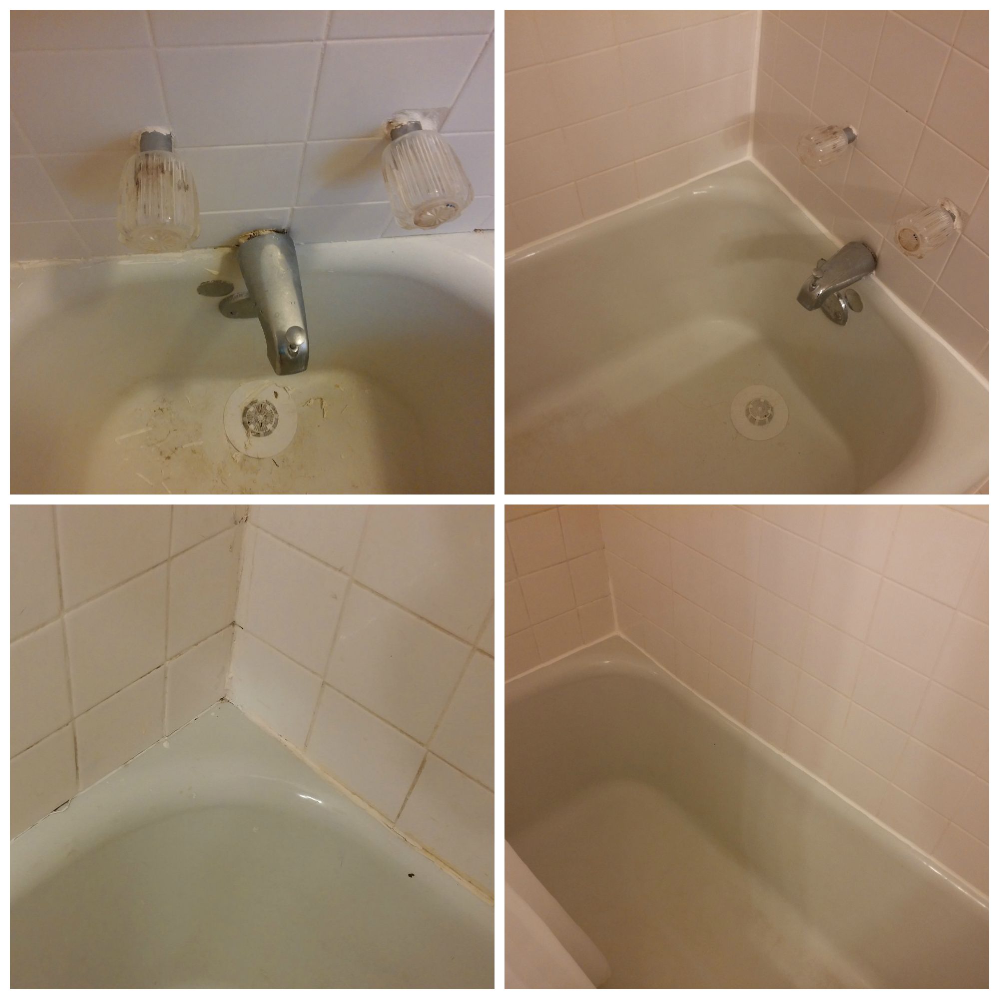 Before and after - we cleaned up a lot of the surrounding grout (and the tub itself) when we did this project. Next up: new fixtures. :)