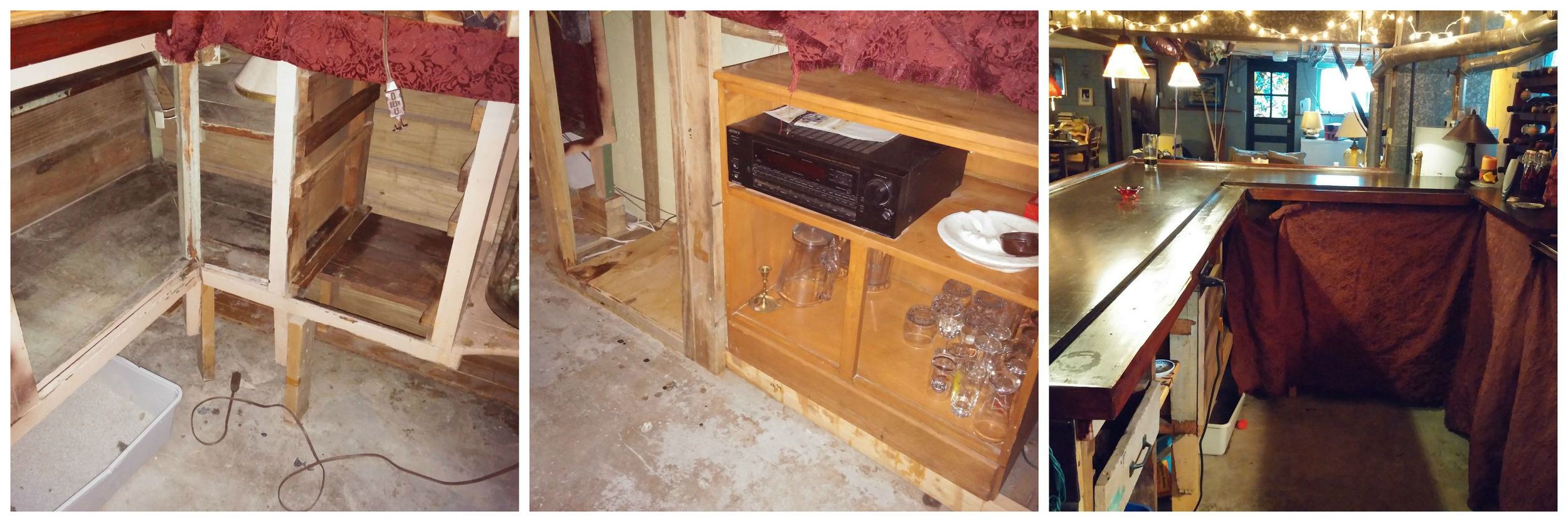 I ended up with lots of empty space. The cabinet was salvaged from the alley. And it all looks better with those curtains down. 