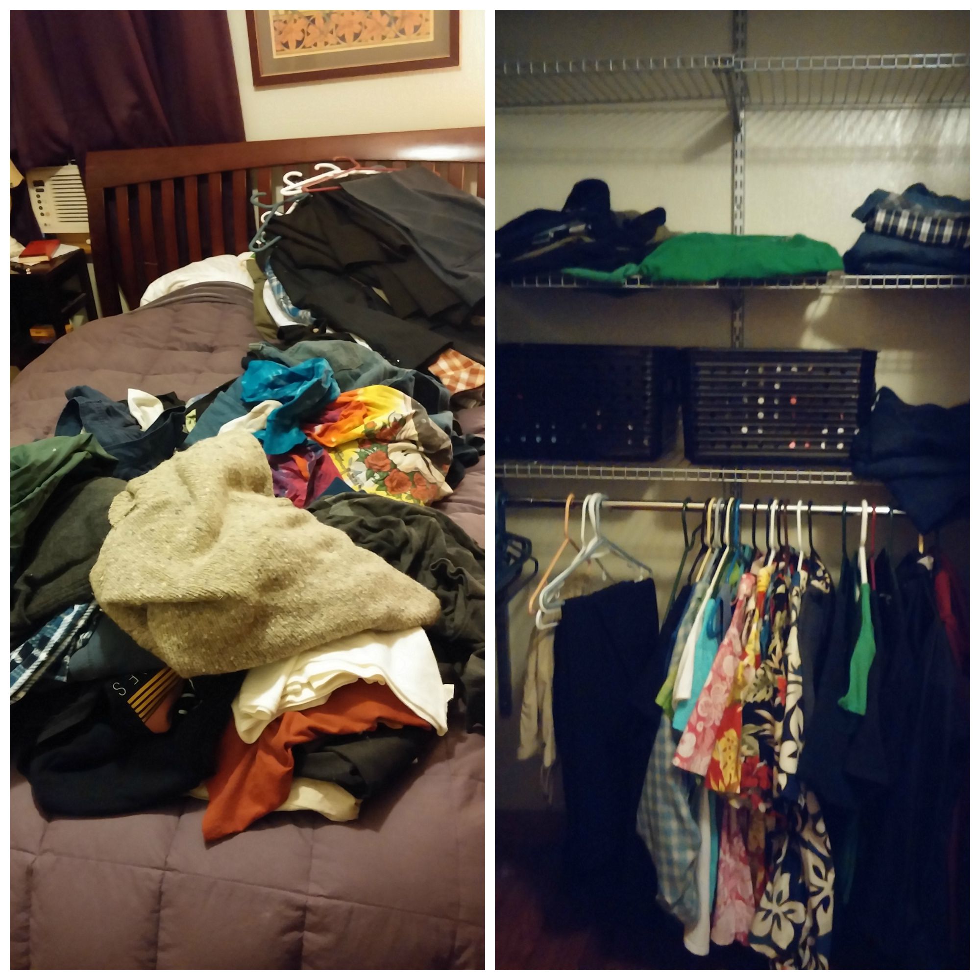 All his clothes on the bed on the left and, on the right, what went back in the closet (top shelf). He took his "around the house" and workout clothes to the chest-of-drawers. 