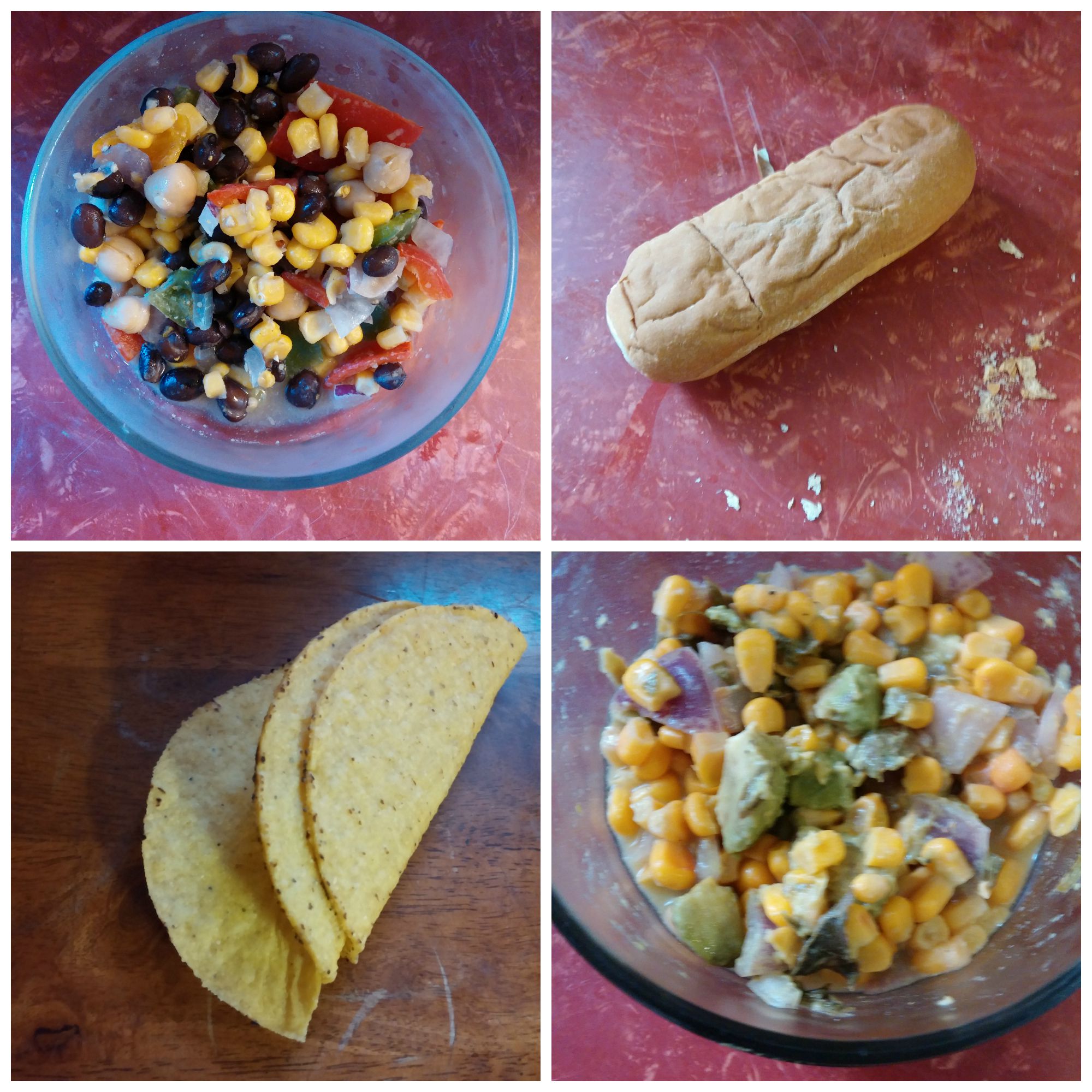 Small bits of salads we didn't eat, the dried hot dog bun, and two-and-a-half taco shells that went to waste. 