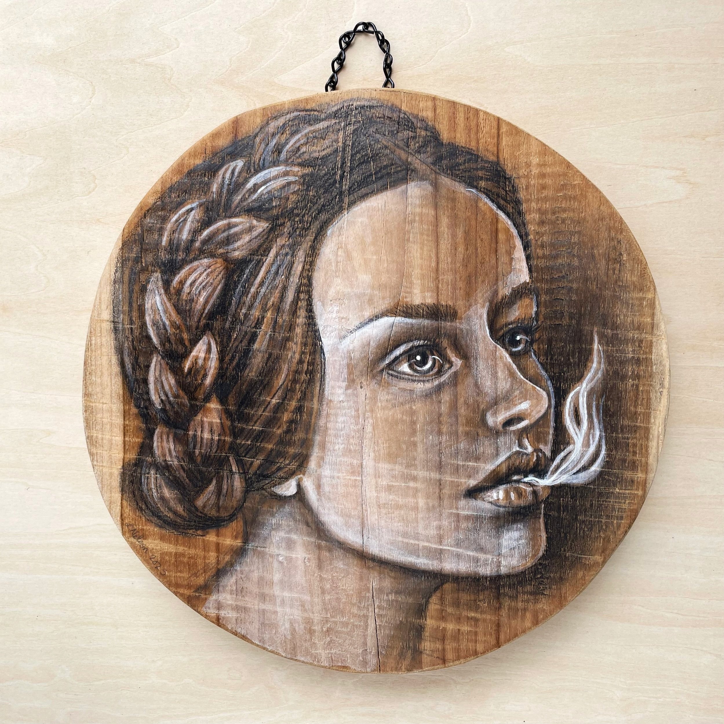 Escape Artist, 2025, Graphite/acrylic on locally sourced Costa Rican teak 12"